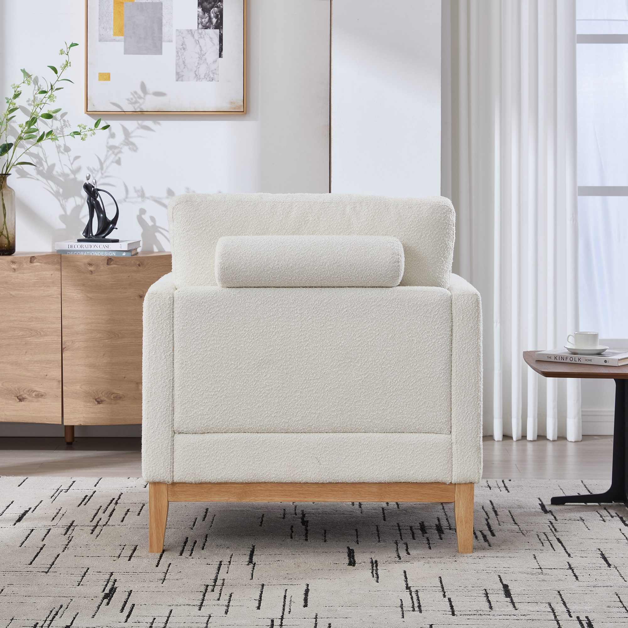 35.4 "Wide Modern Farmhouse Performance Accent Chair with Natural Wood Legs, Wood Base Reading Armchair Single Sofa with Two Bolster Pillows for Living Room offices and Lounge, Ivory Boucle. - Image 5