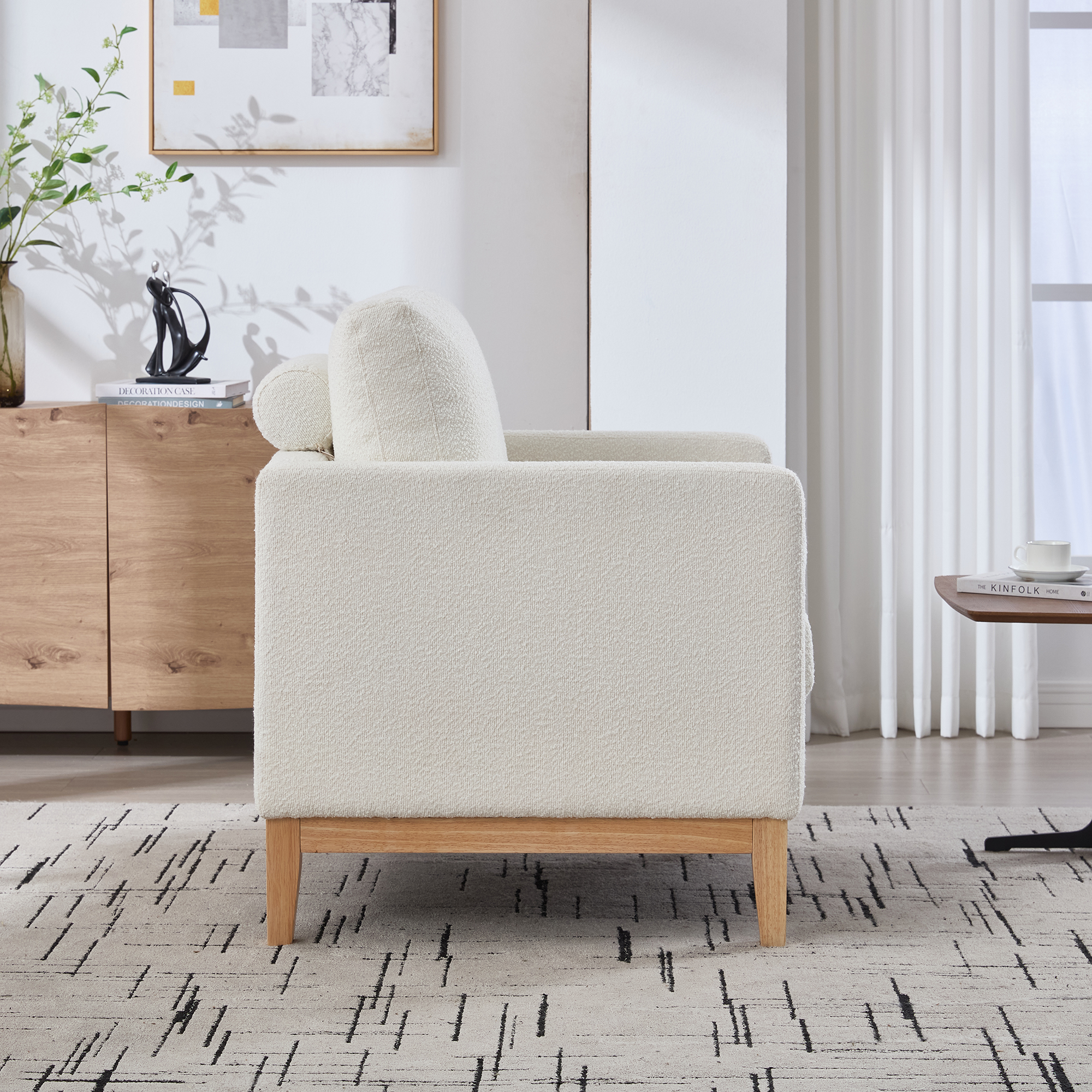 35.4 "Wide Modern Farmhouse Performance Accent Chair with Natural Wood Legs, Wood Base Reading Armchair Single Sofa with Two Bolster Pillows for Living Room offices and Lounge, Ivory Boucle. - Image 6