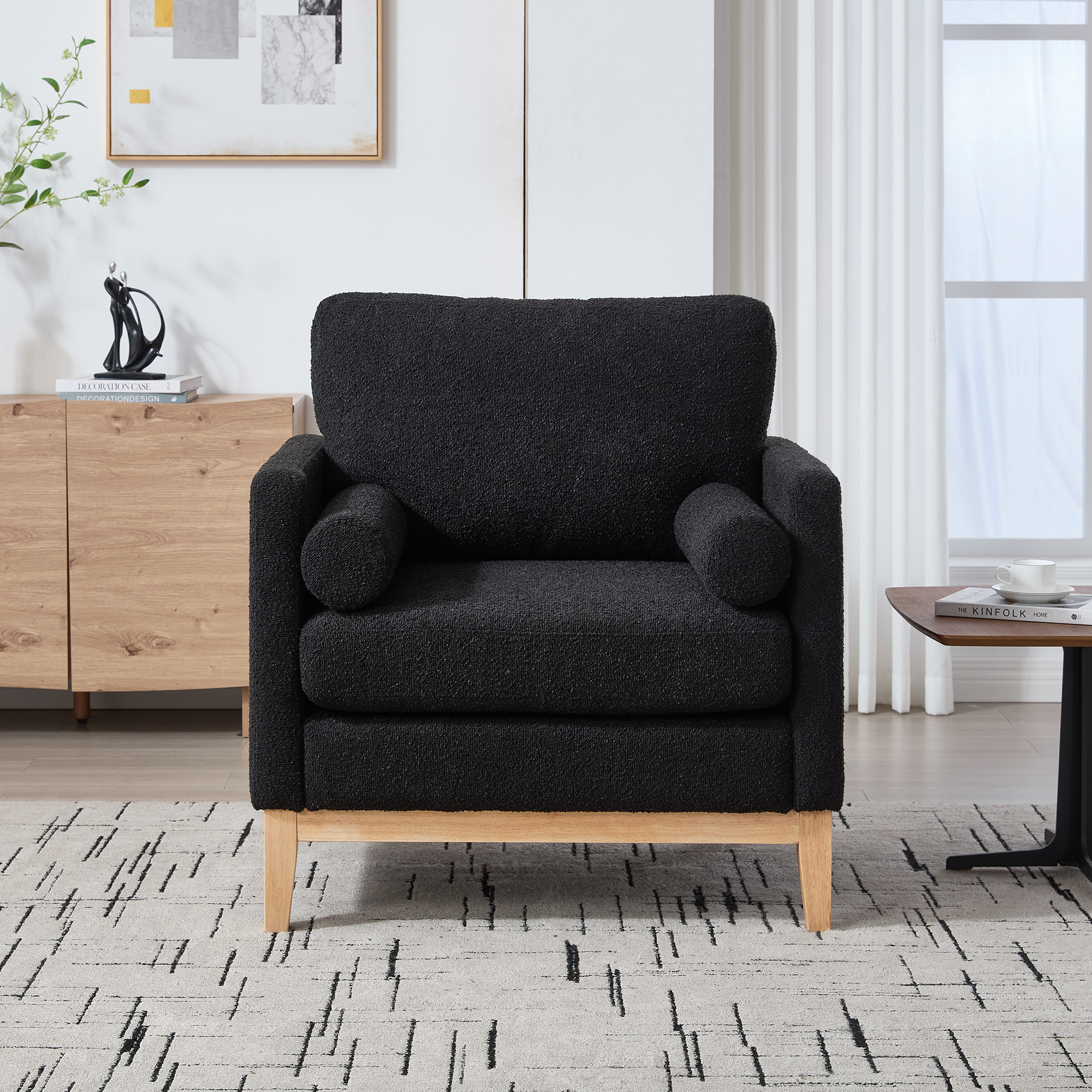 35.4 "Wide Modern Farmhouse Performance Accent Chair with Natural Wood Legs, Wood Base Reading Armchair Single Sofa with Two Bolster Pillows for Living Room offices and Lounge, Black Boucle. - Image 2