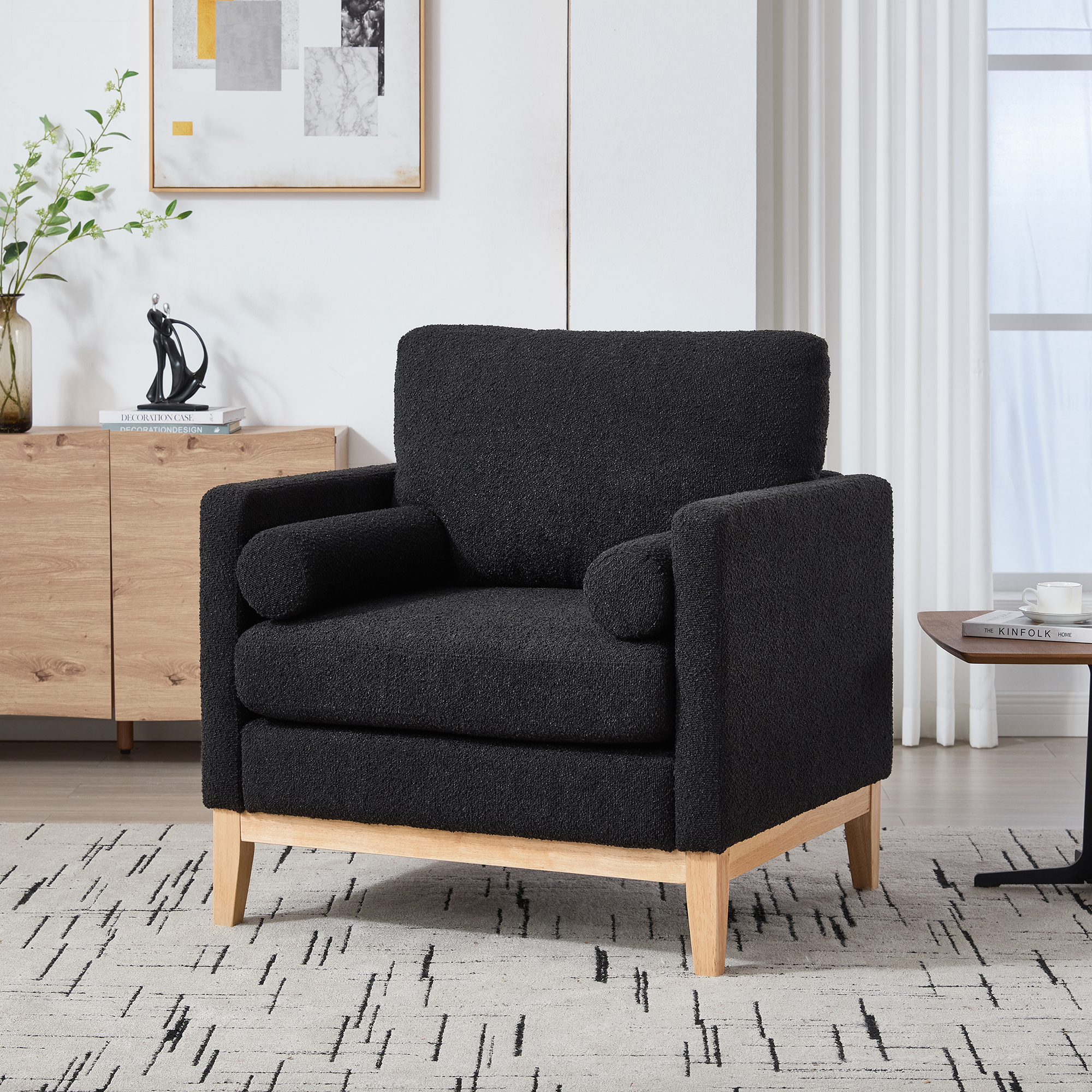 35.4 "Wide Modern Farmhouse Performance Accent Chair with Natural Wood Legs, Wood Base Reading Armchair Single Sofa with Two Bolster Pillows for Living Room offices and Lounge, Black Boucle. - Image 3