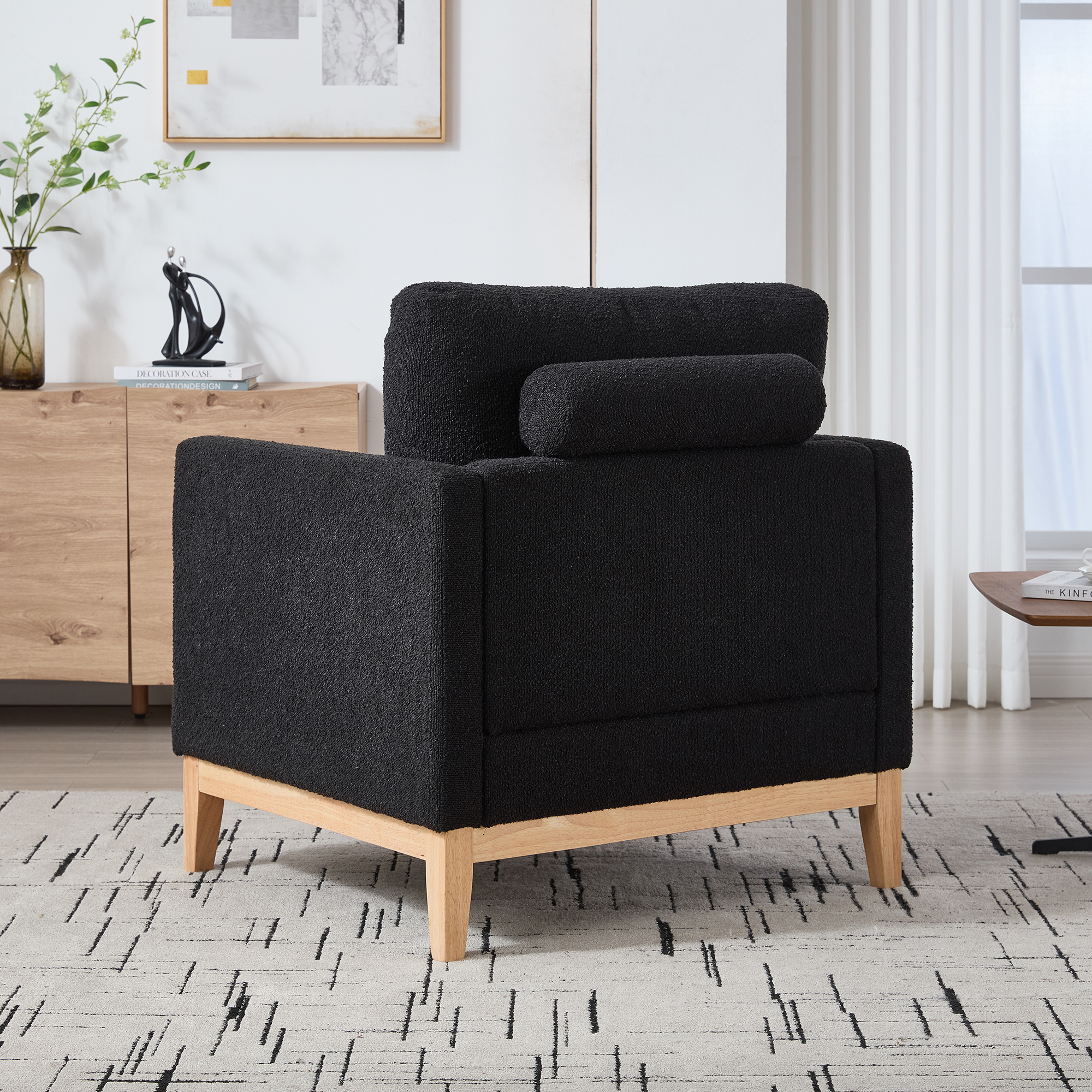 35.4 "Wide Modern Farmhouse Performance Accent Chair with Natural Wood Legs, Wood Base Reading Armchair Single Sofa with Two Bolster Pillows for Living Room offices and Lounge, Black Boucle. - Image 4
