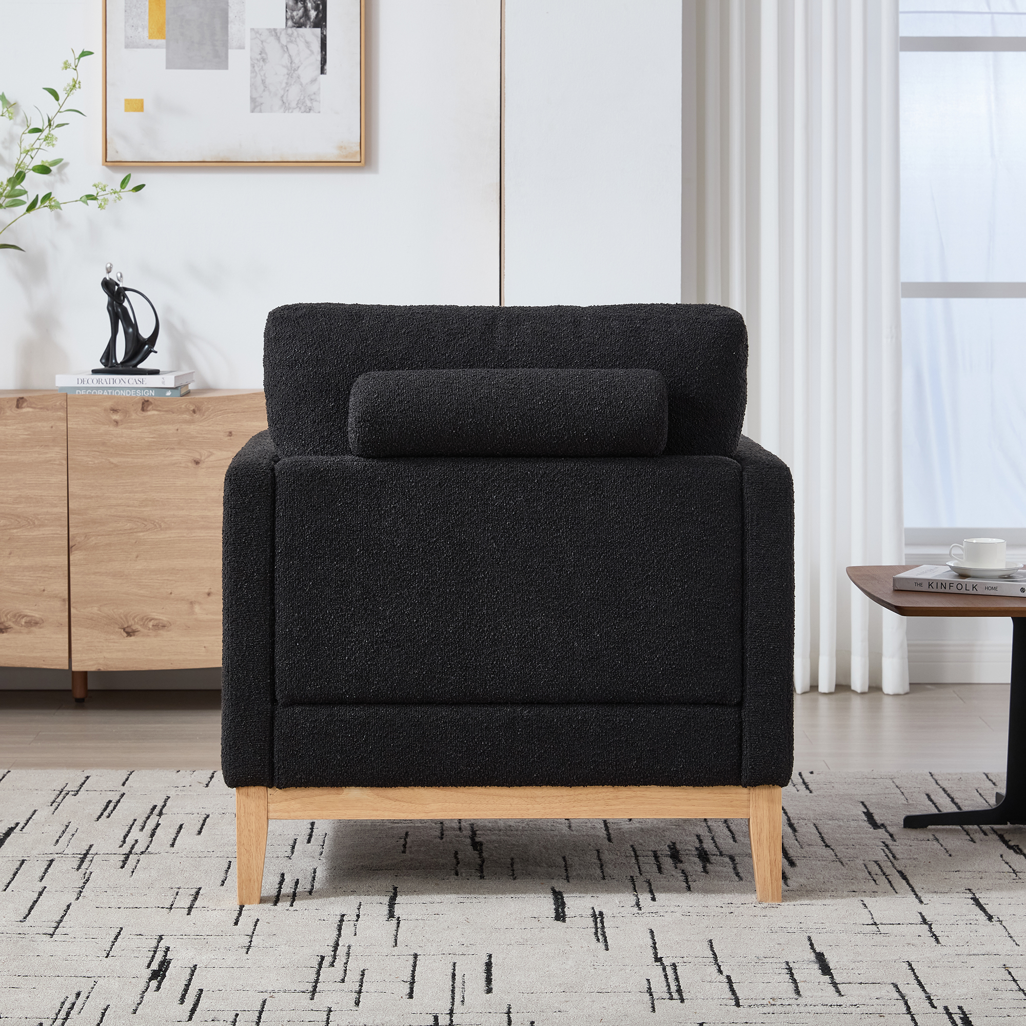 35.4 "Wide Modern Farmhouse Performance Accent Chair with Natural Wood Legs, Wood Base Reading Armchair Single Sofa with Two Bolster Pillows for Living Room offices and Lounge, Black Boucle. - Image 5