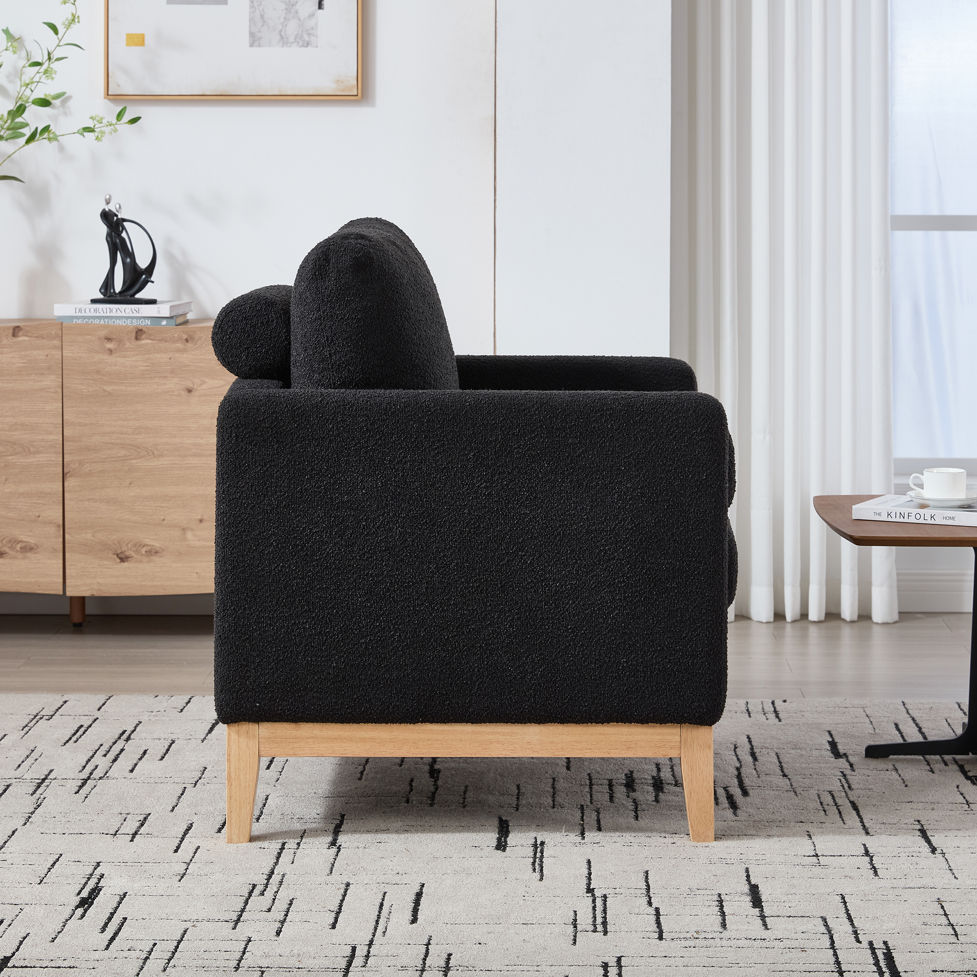 35.4 "Wide Modern Farmhouse Performance Accent Chair with Natural Wood Legs, Wood Base Reading Armchair Single Sofa with Two Bolster Pillows for Living Room offices and Lounge, Black Boucle. - Image 6