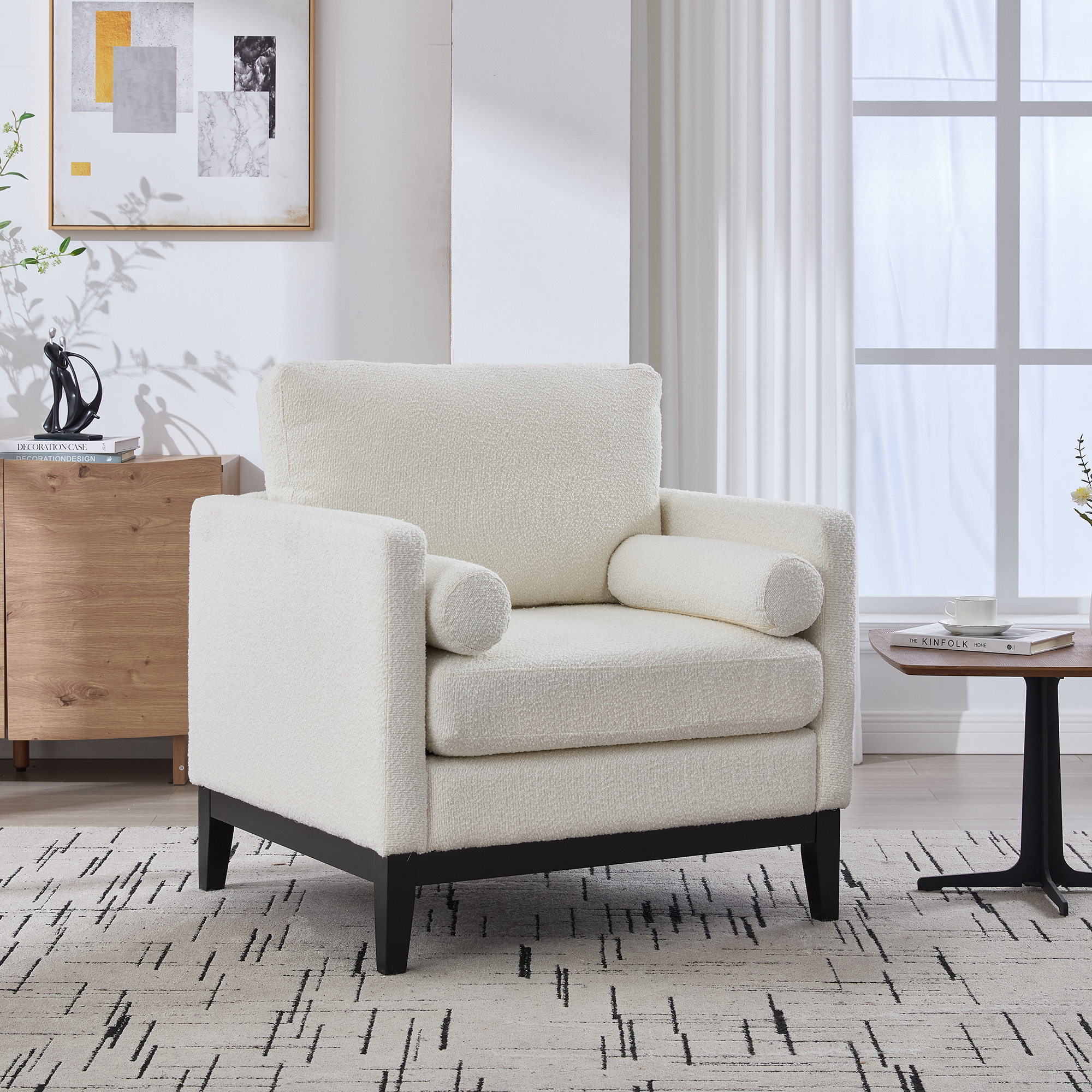 35.4 “Wide Modern Farmhouse Performance Accent Chair with Black Finish Legs, Wood Base Reading Armchair Single Sofa with Two Bolster Pillows for Living Room offices and Lounge, Ivory Boucle.