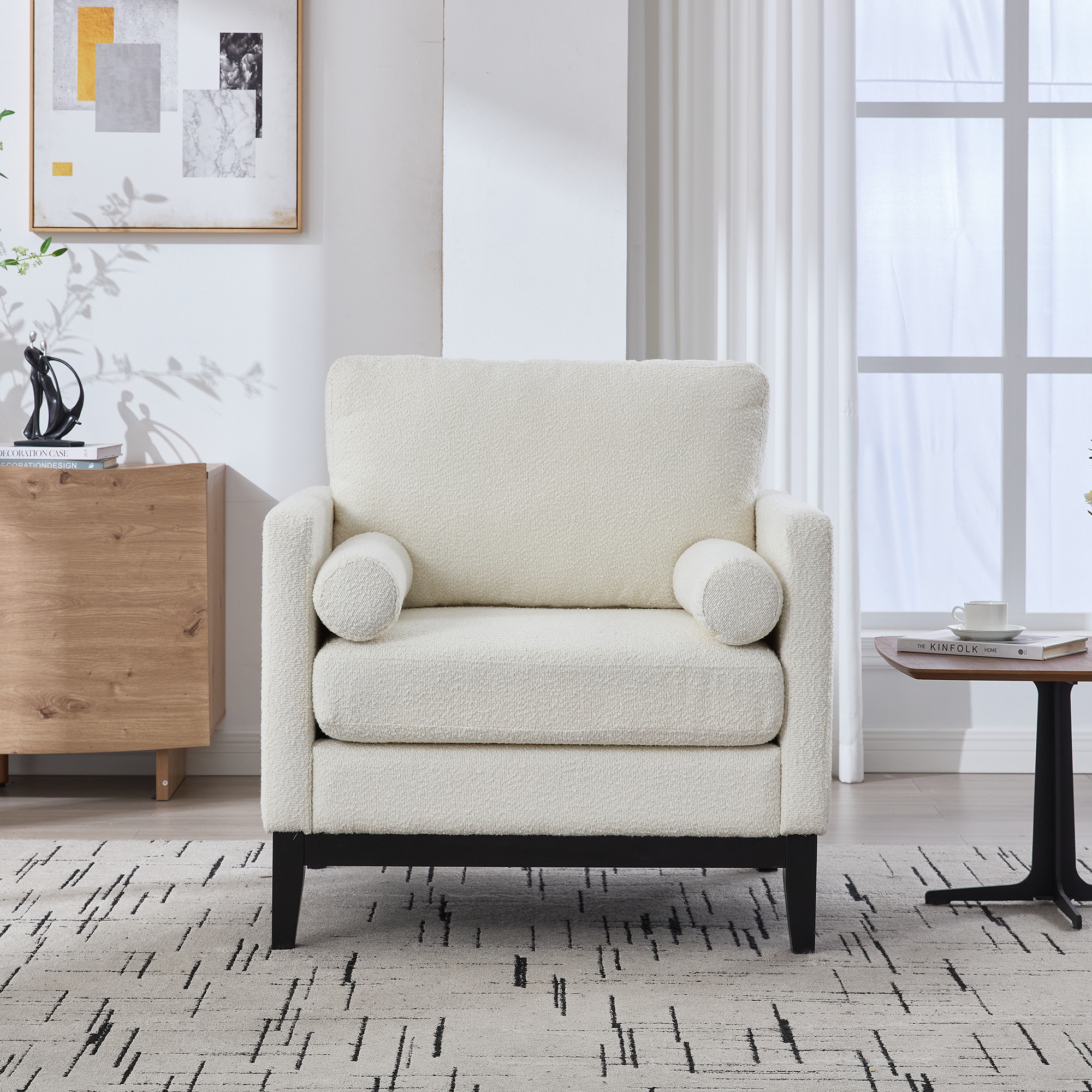 35.4 "Wide Modern Farmhouse Performance Accent Chair with Black Finish Legs, Wood Base Reading Armchair Single Sofa with Two Bolster Pillows for Living Room offices and Lounge, Ivory Boucle. - Image 2