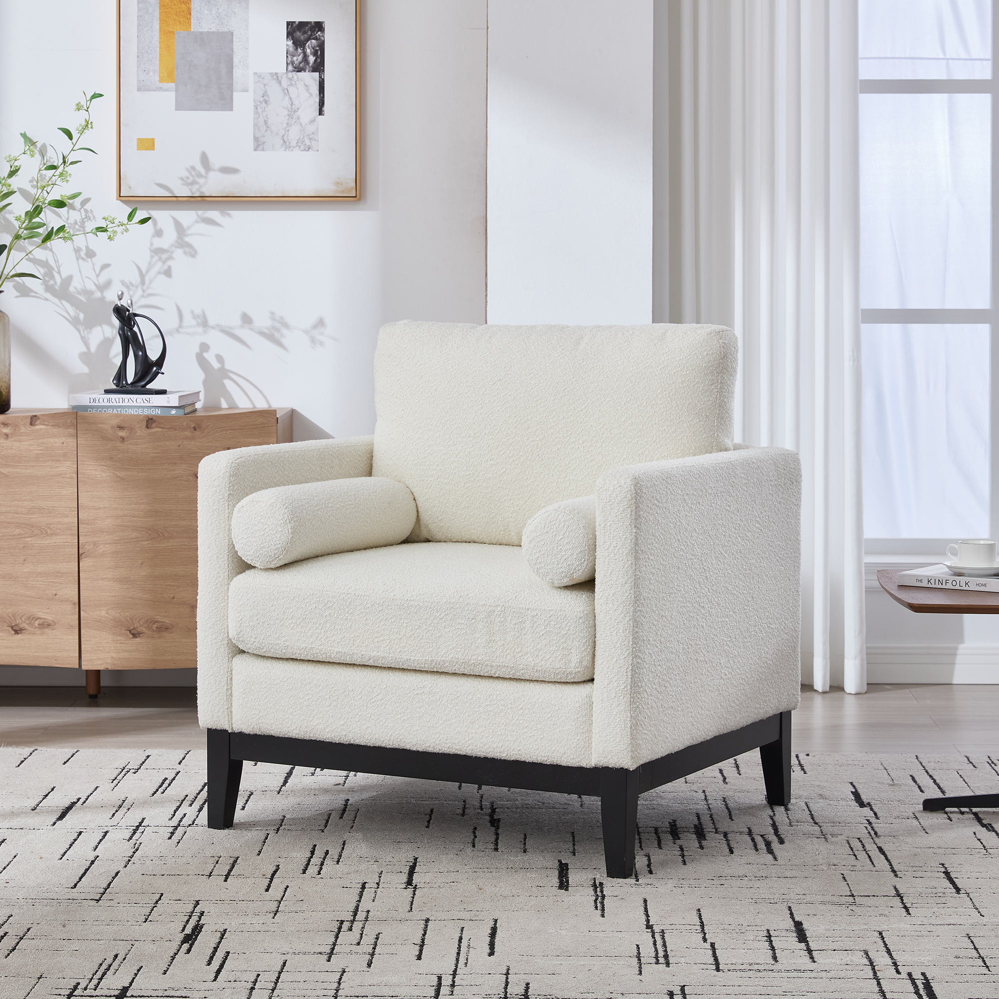 35.4 "Wide Modern Farmhouse Performance Accent Chair with Black Finish Legs, Wood Base Reading Armchair Single Sofa with Two Bolster Pillows for Living Room offices and Lounge, Ivory Boucle. - Image 3