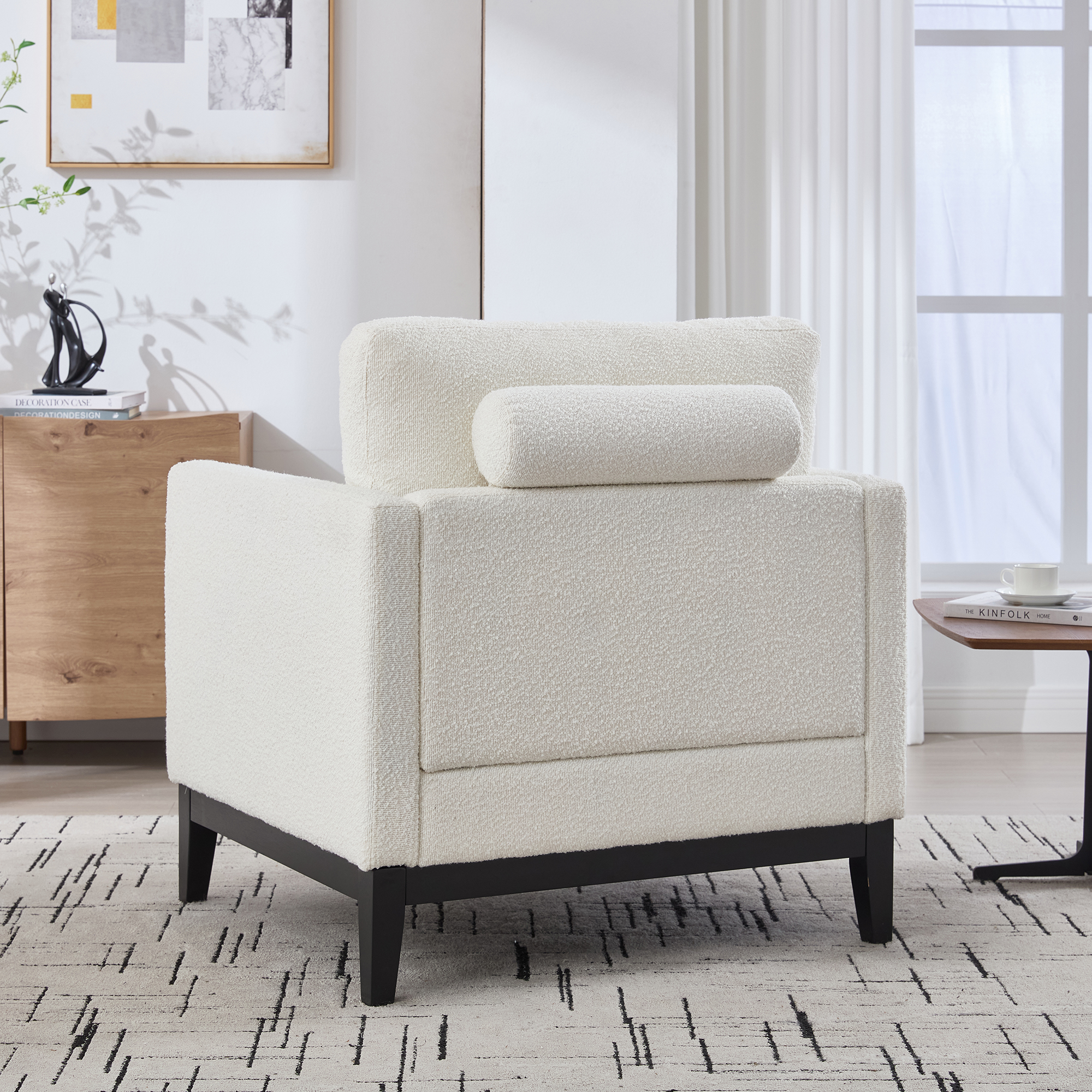 35.4 "Wide Modern Farmhouse Performance Accent Chair with Black Finish Legs, Wood Base Reading Armchair Single Sofa with Two Bolster Pillows for Living Room offices and Lounge, Ivory Boucle. - Image 4