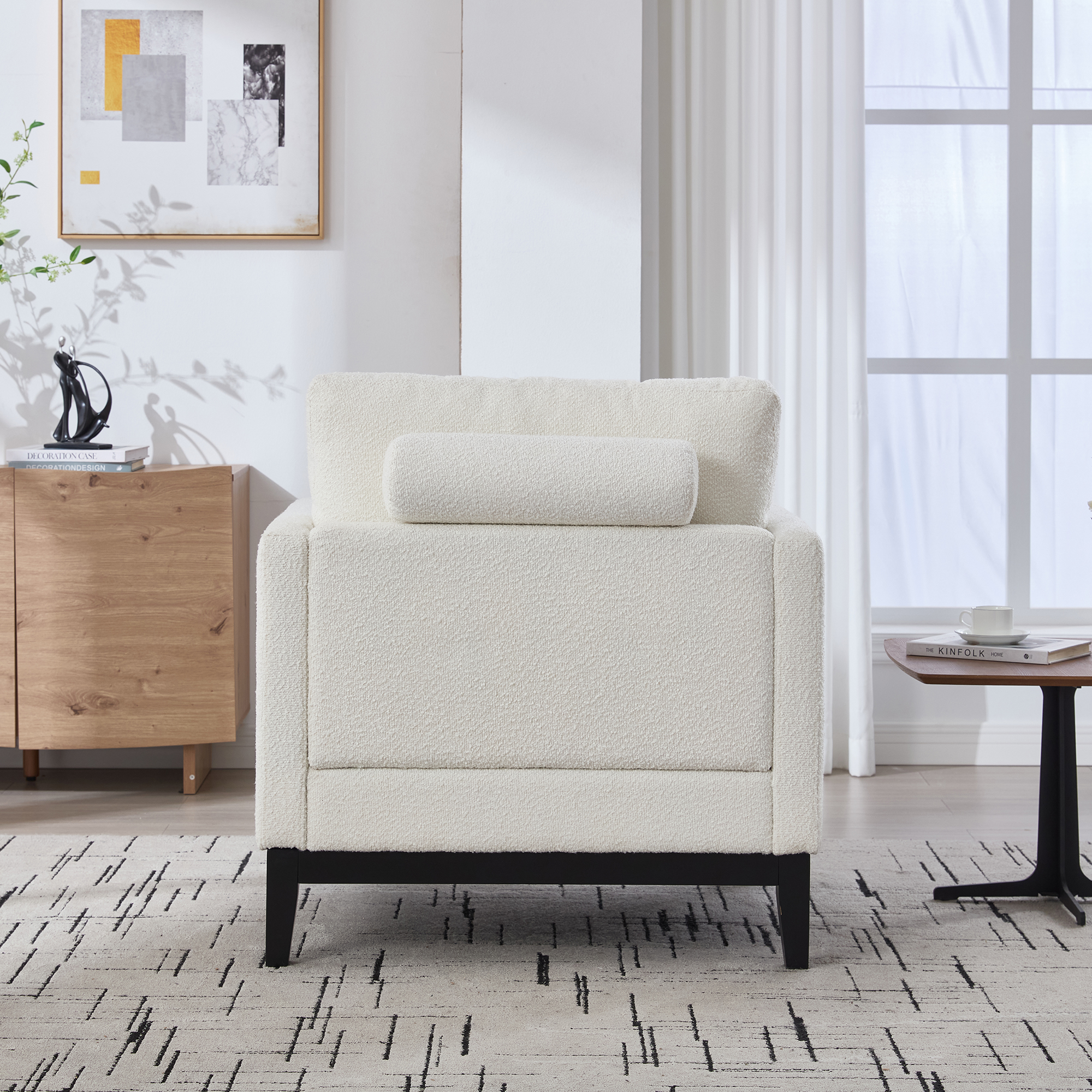 35.4 "Wide Modern Farmhouse Performance Accent Chair with Black Finish Legs, Wood Base Reading Armchair Single Sofa with Two Bolster Pillows for Living Room offices and Lounge, Ivory Boucle. - Image 5