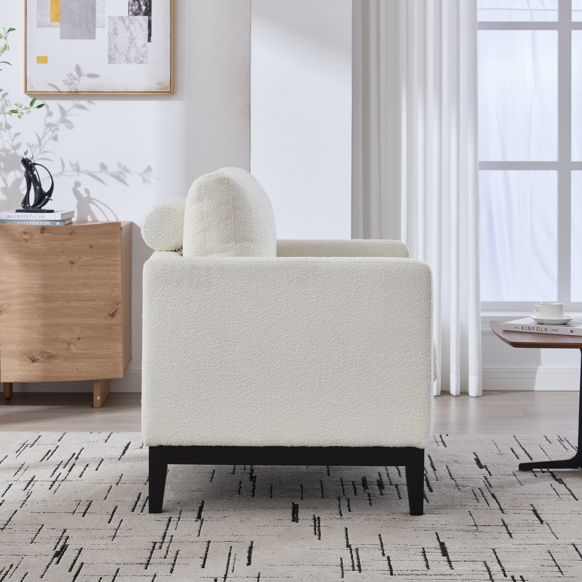 35.4 "Wide Modern Farmhouse Performance Accent Chair with Black Finish Legs, Wood Base Reading Armchair Single Sofa with Two Bolster Pillows for Living Room offices and Lounge, Ivory Boucle. - Image 6