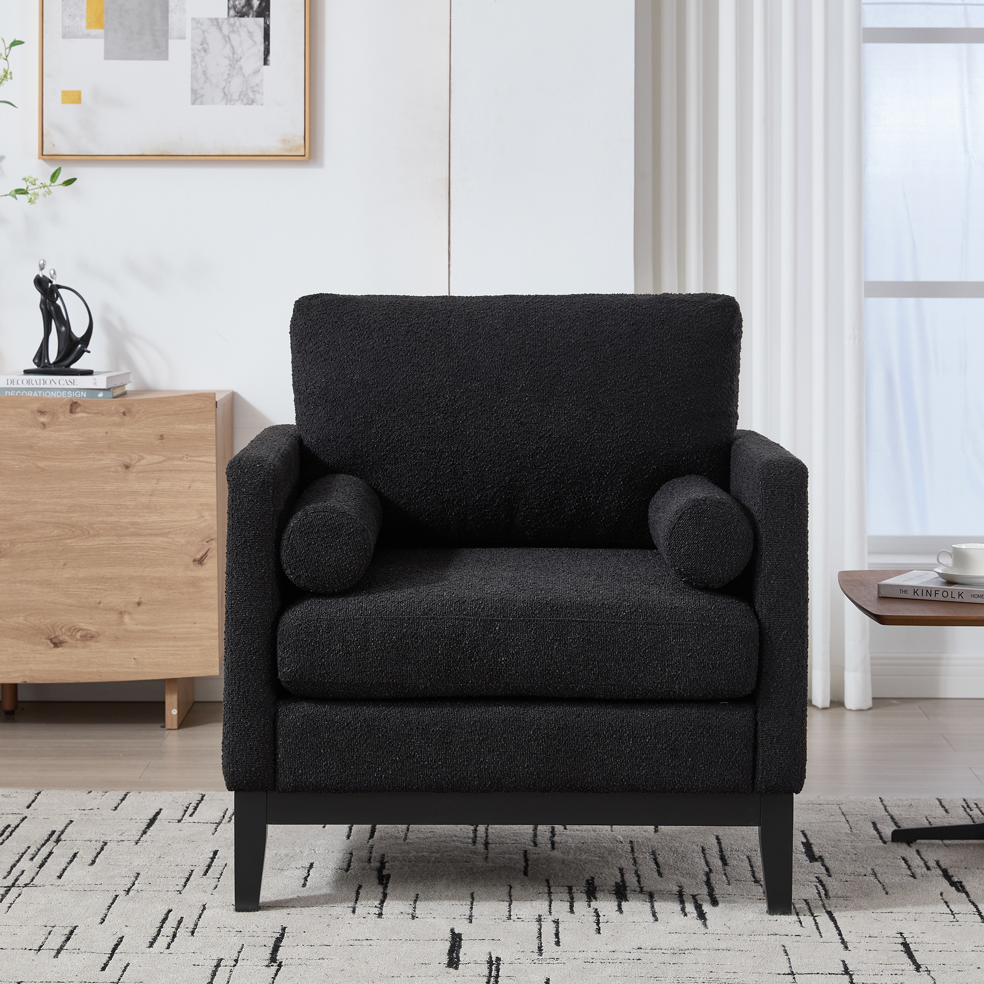 35.4 "Wide Modern Farmhouse Performance Accent Chair with Black Finish Legs, Wood Base Reading Armchair Single Sofa with Two Bolster Pillows for Living Room offices and Lounge, Black Boucle. - Image 2