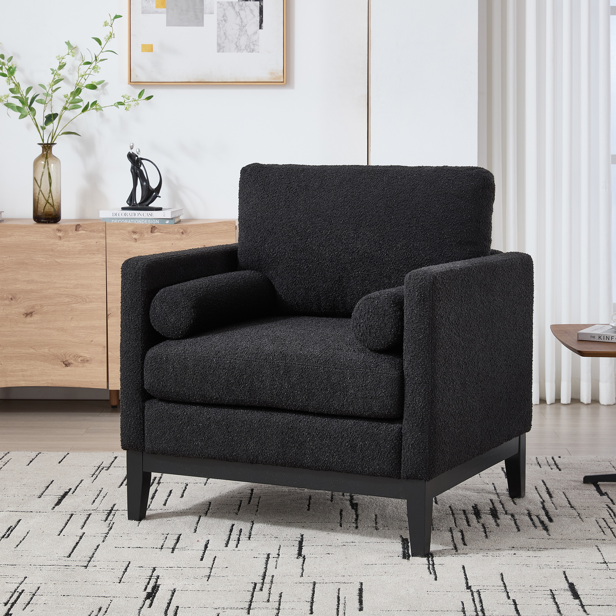35.4 "Wide Modern Farmhouse Performance Accent Chair with Black Finish Legs, Wood Base Reading Armchair Single Sofa with Two Bolster Pillows for Living Room offices and Lounge, Black Boucle. - Image 3