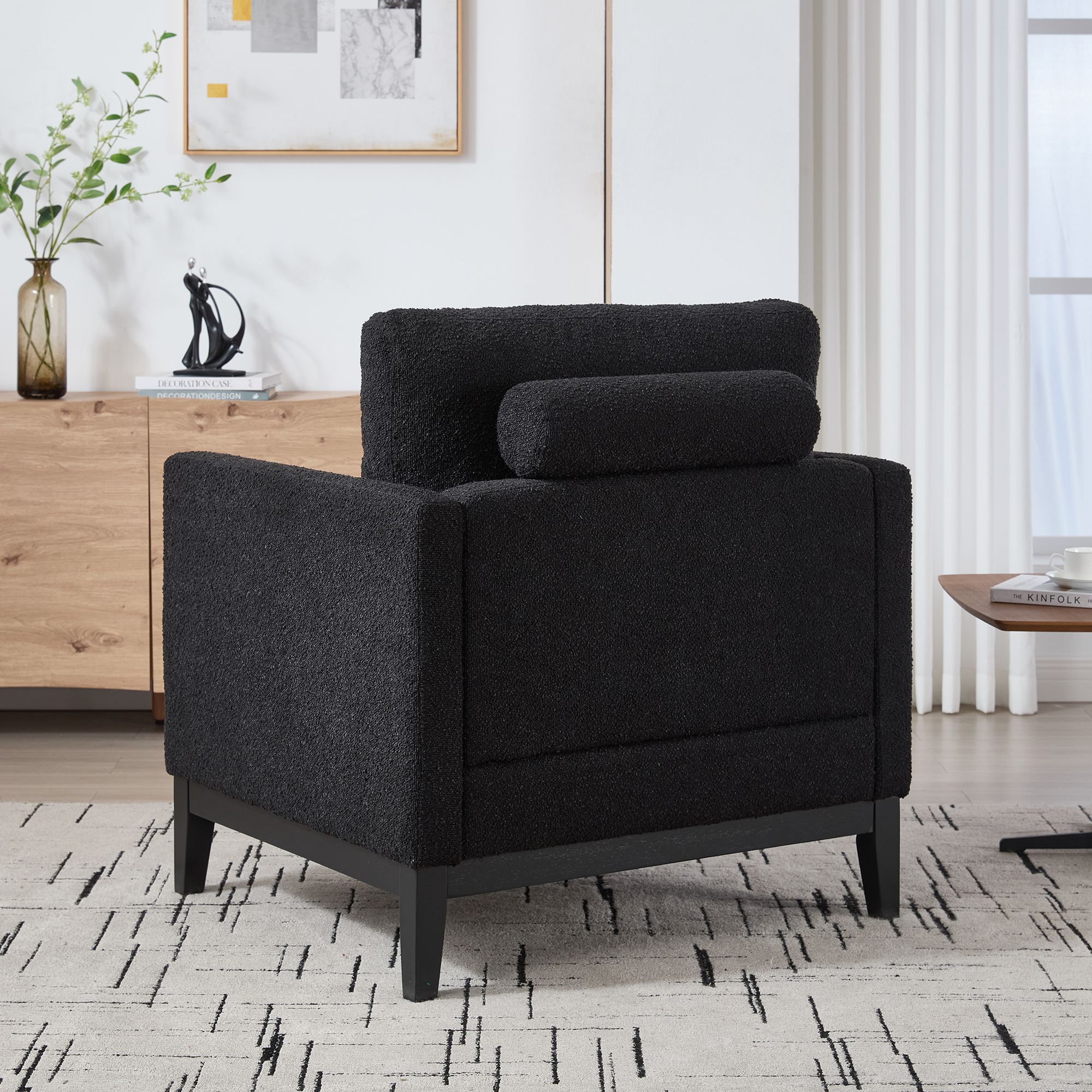 35.4 "Wide Modern Farmhouse Performance Accent Chair with Black Finish Legs, Wood Base Reading Armchair Single Sofa with Two Bolster Pillows for Living Room offices and Lounge, Black Boucle. - Image 4