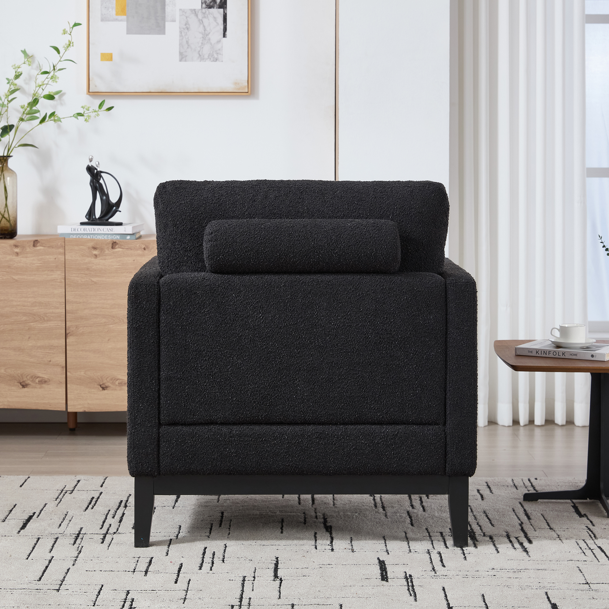 35.4 "Wide Modern Farmhouse Performance Accent Chair with Black Finish Legs, Wood Base Reading Armchair Single Sofa with Two Bolster Pillows for Living Room offices and Lounge, Black Boucle. - Image 5