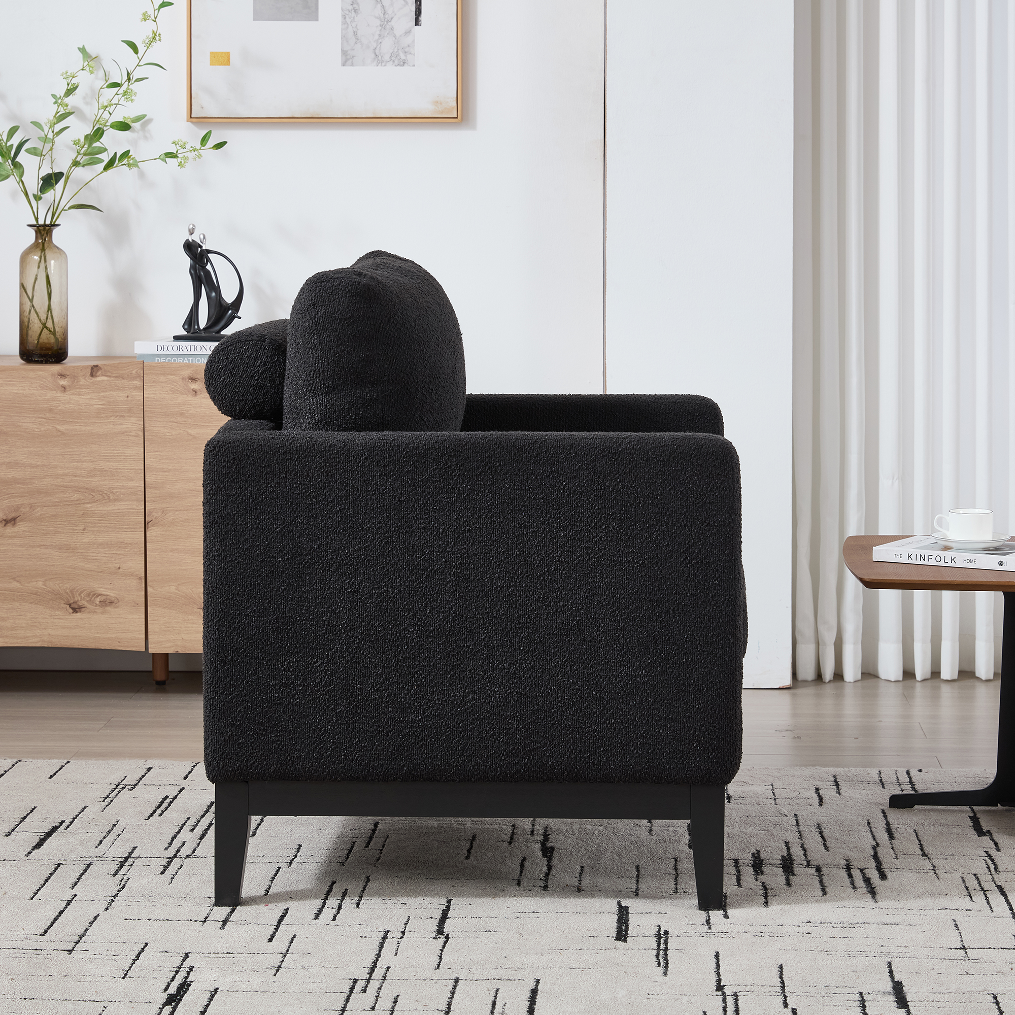35.4 "Wide Modern Farmhouse Performance Accent Chair with Black Finish Legs, Wood Base Reading Armchair Single Sofa with Two Bolster Pillows for Living Room offices and Lounge, Black Boucle. - Image 6