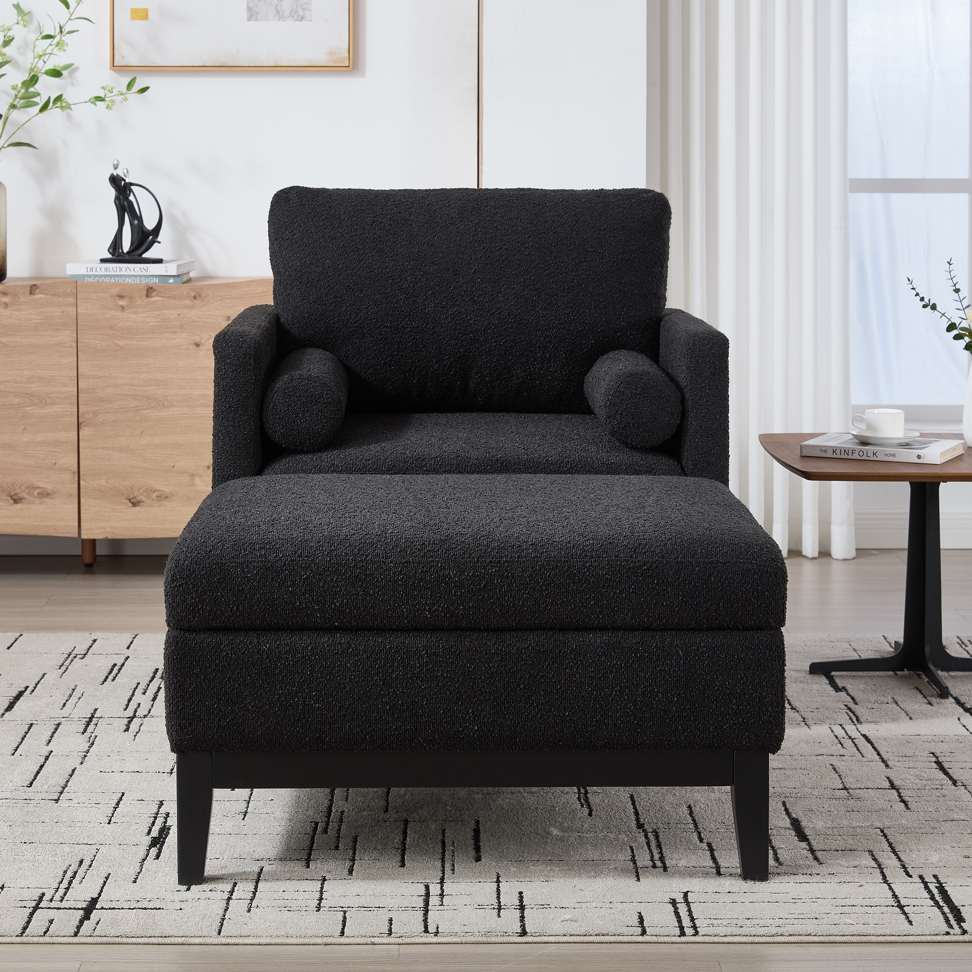 35.4 "Wide Farmhouse Performance Upholstered Wood Base Square Accent Arm Chair with Ottoman Black Finish Legs with Reversible Lid Coffee Table for Living Room Office and Lounge,Black Boucle - Image 2