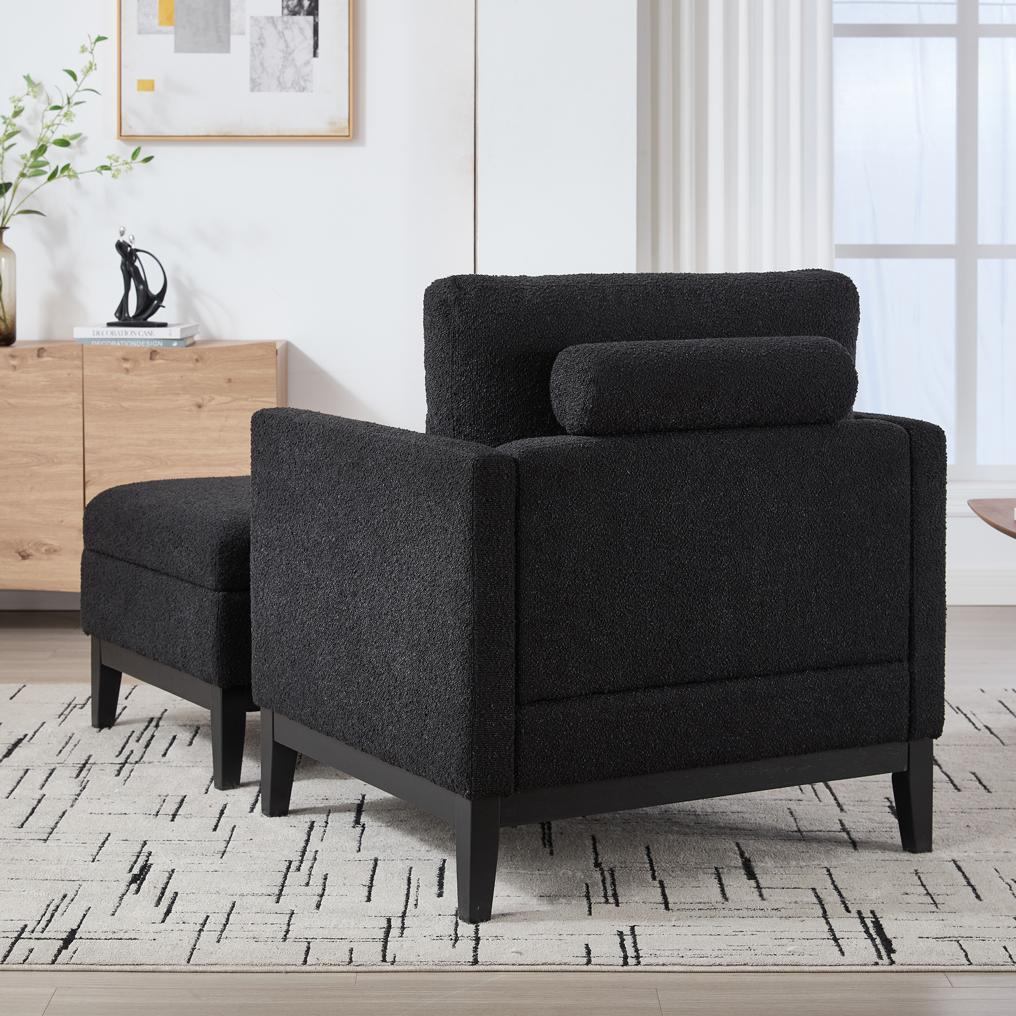 35.4 "Wide Farmhouse Performance Upholstered Wood Base Square Accent Arm Chair with Ottoman Black Finish Legs with Reversible Lid Coffee Table for Living Room Office and Lounge,Black Boucle - Image 3
