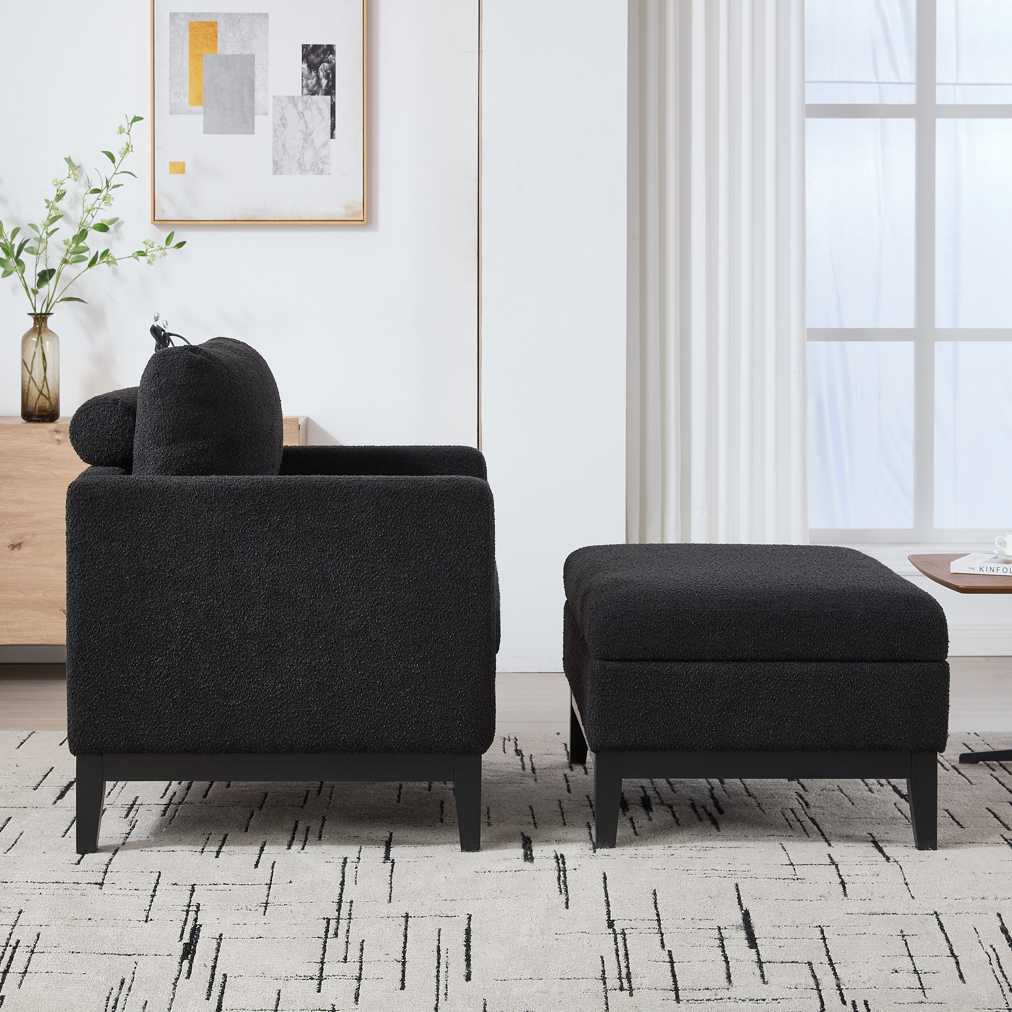 35.4 "Wide Farmhouse Performance Upholstered Wood Base Square Accent Arm Chair with Ottoman Black Finish Legs with Reversible Lid Coffee Table for Living Room Office and Lounge,Black Boucle - Image 4