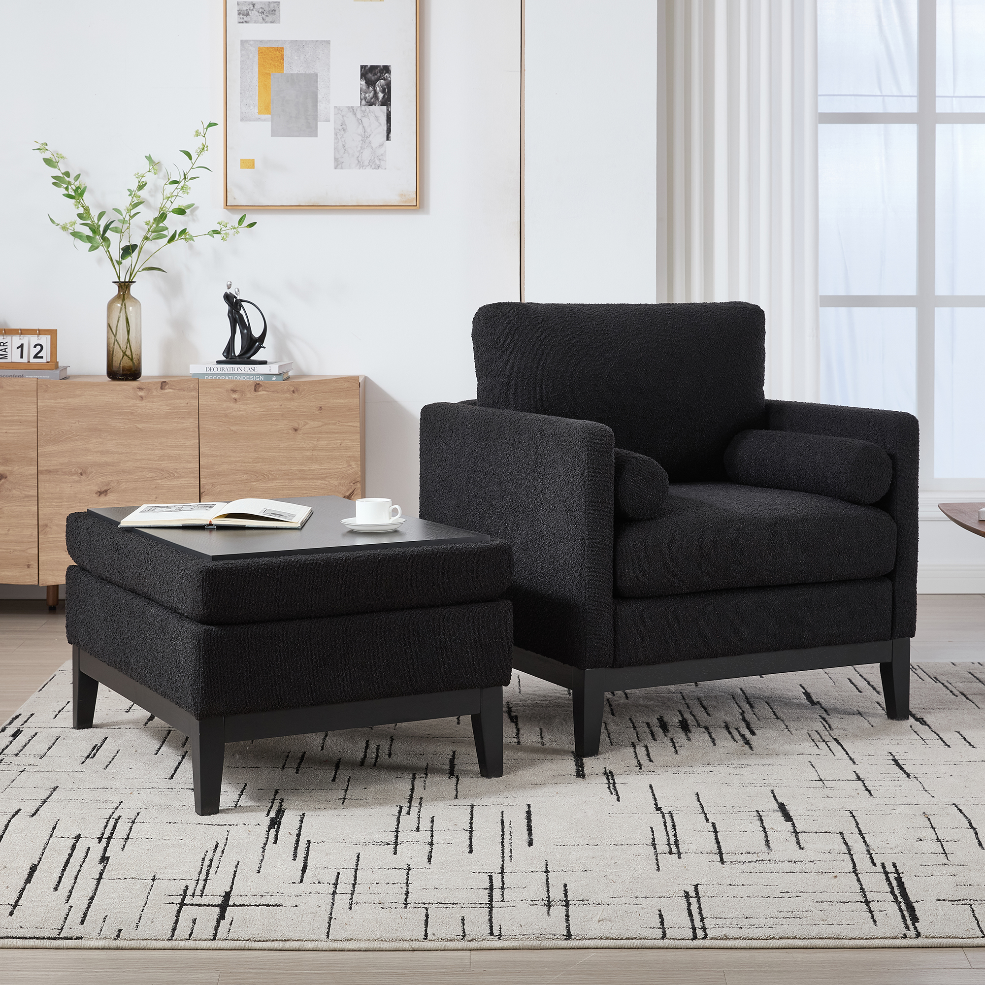 35.4 "Wide Farmhouse Performance Upholstered Wood Base Square Accent Arm Chair with Ottoman Black Finish Legs with Reversible Lid Coffee Table for Living Room Office and Lounge,Black Boucle - Image 5