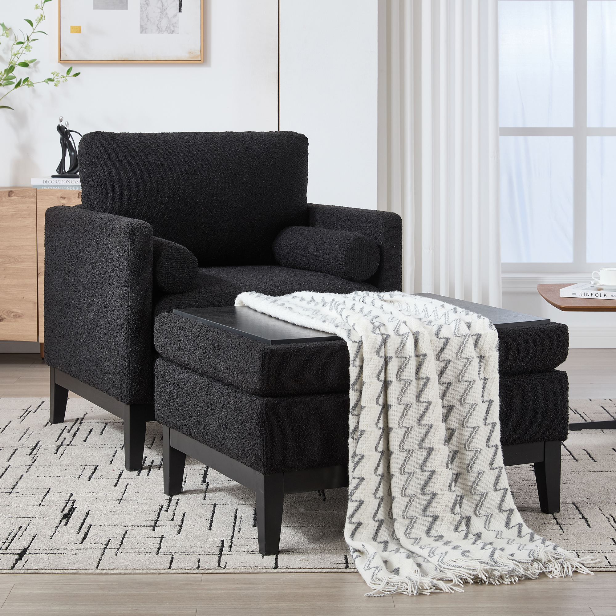 35.4 "Wide Farmhouse Performance Upholstered Wood Base Square Accent Arm Chair with Ottoman Black Finish Legs with Reversible Lid Coffee Table for Living Room Office and Lounge,Black Boucle - Image 6