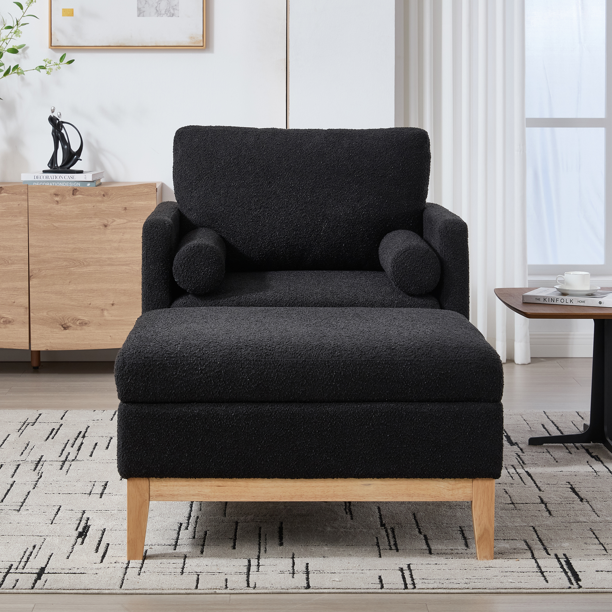 35.4 "Wide Farmhouse Performance Upholstered Wood Base Square Accent Arm Chair with Ottoman Natural Wood Legs with Reversible Lid Coffee Table for Living Room Office and Lounge,Black Boucle - Image 2