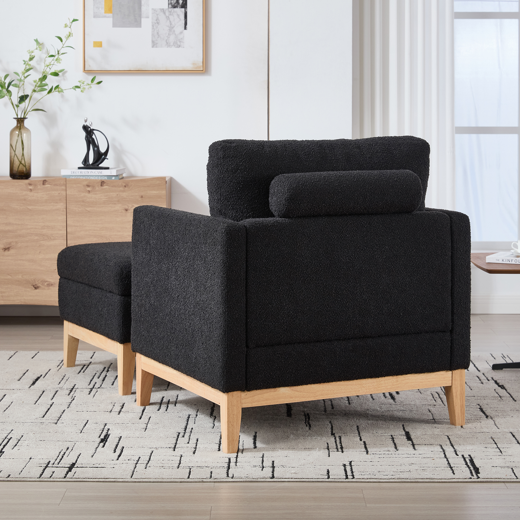 35.4 "Wide Farmhouse Performance Upholstered Wood Base Square Accent Arm Chair with Ottoman Natural Wood Legs with Reversible Lid Coffee Table for Living Room Office and Lounge,Black Boucle - Image 3