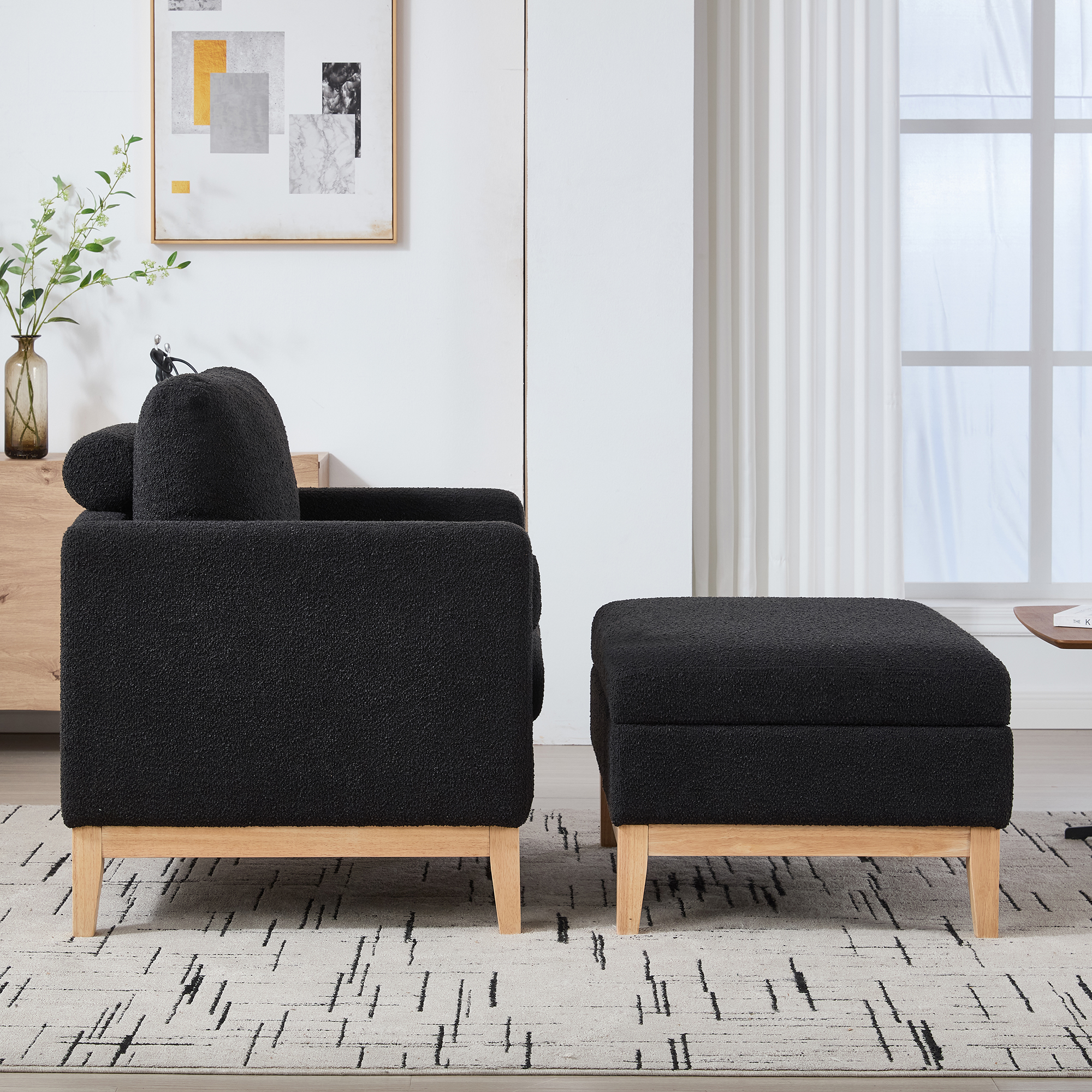 35.4 "Wide Farmhouse Performance Upholstered Wood Base Square Accent Arm Chair with Ottoman Natural Wood Legs with Reversible Lid Coffee Table for Living Room Office and Lounge,Black Boucle - Image 4