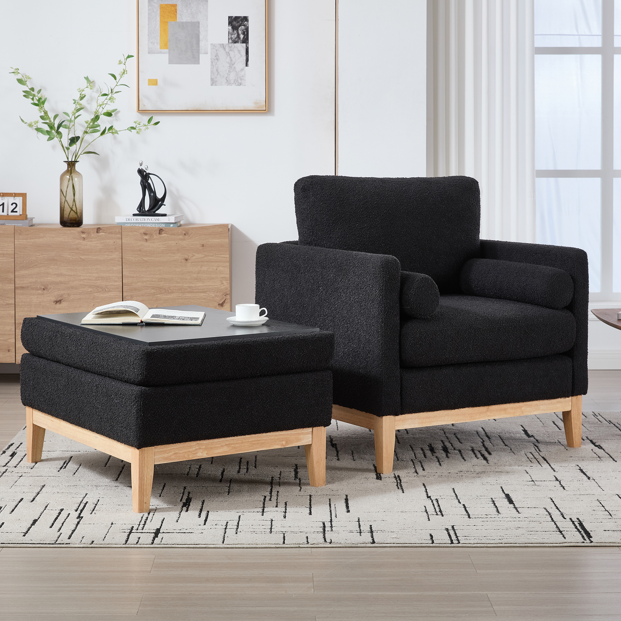 35.4 "Wide Farmhouse Performance Upholstered Wood Base Square Accent Arm Chair with Ottoman Natural Wood Legs with Reversible Lid Coffee Table for Living Room Office and Lounge,Black Boucle - Image 5