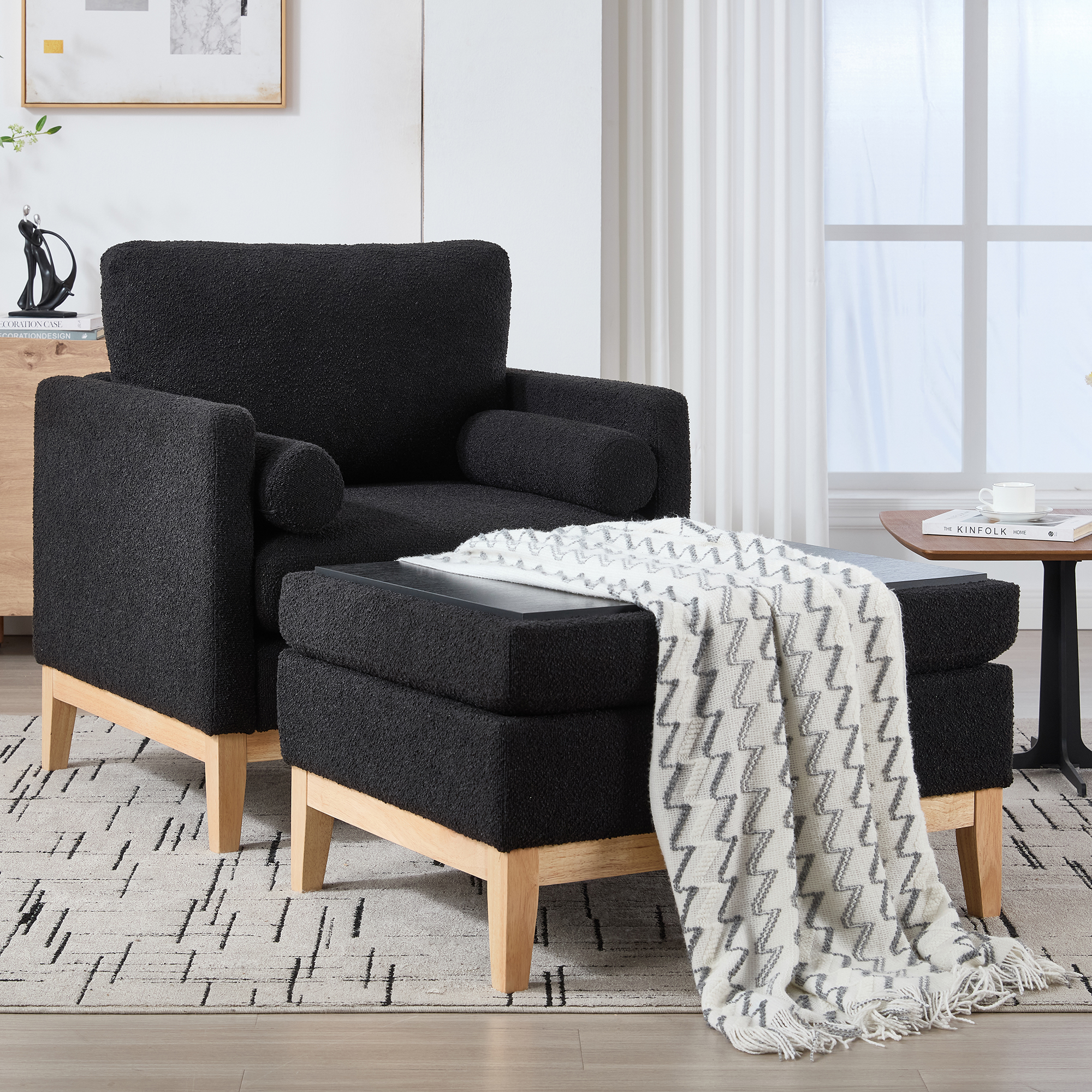 35.4 "Wide Farmhouse Performance Upholstered Wood Base Square Accent Arm Chair with Ottoman Natural Wood Legs with Reversible Lid Coffee Table for Living Room Office and Lounge,Black Boucle - Image 6