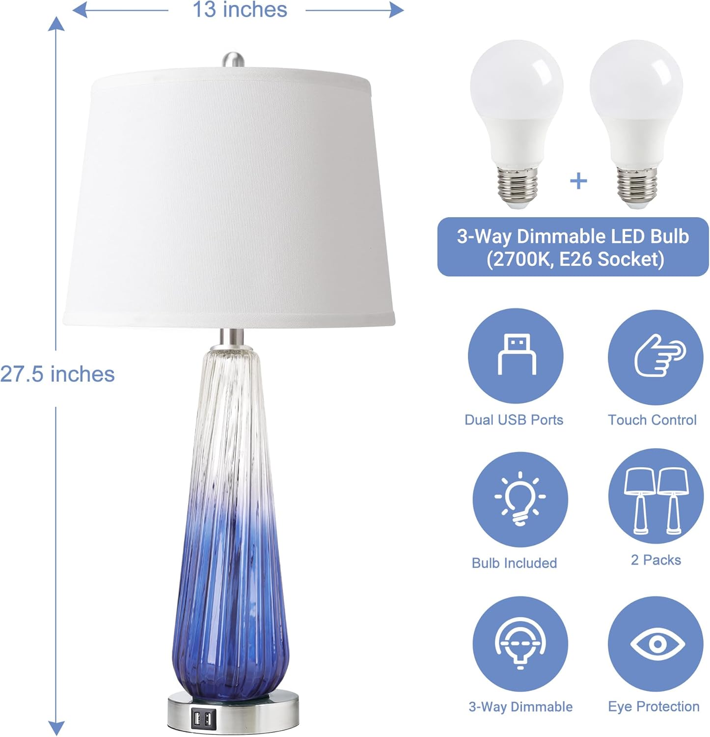 Table Lamps Set of 2 with Touch Control, 3-Way Dimmable Modern Glass Bedside Lamps with USB A+C Ports, Nightstand Lamp with White Fabric Shade, 27.5" Large Lamps for Living Room Bedrooms Decorations - Image 3