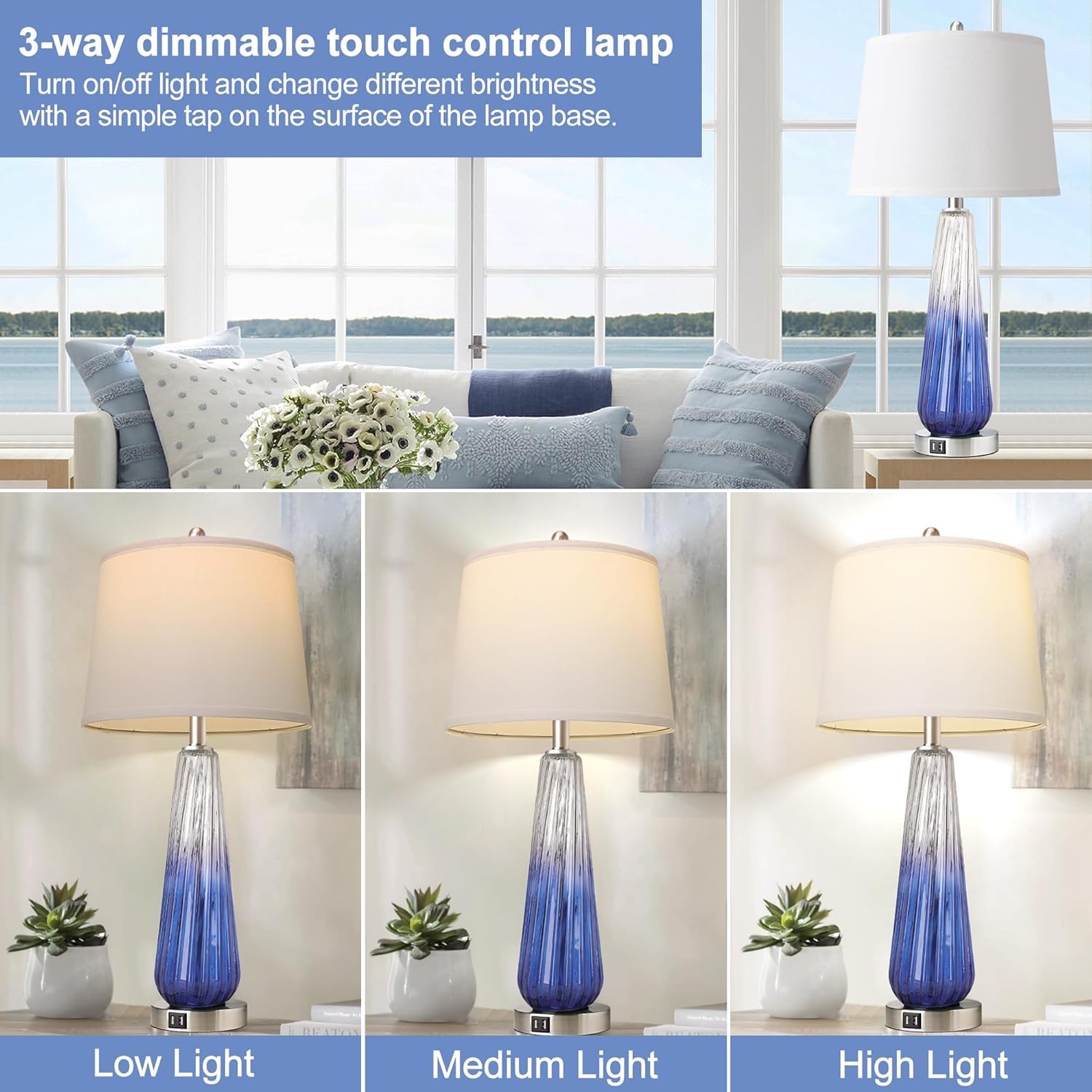 Table Lamps Set of 2 with Touch Control, 3-Way Dimmable Modern Glass Bedside Lamps with USB A+C Ports, Nightstand Lamp with White Fabric Shade, 27.5" Large Lamps for Living Room Bedrooms Decorations - Image 6