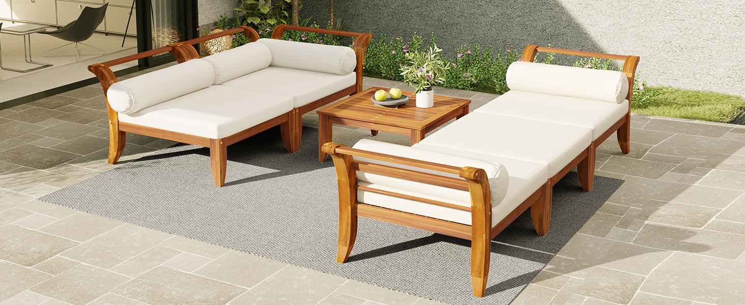 TOPMAX 6 Piece Patio Sofa Set, Acacia Wood Outdoor Modular Sectional Garden Furniture Set L-Shaped Conversation Set, Convertible Daybed with Tea Table, Ottoman, 5 Cushions and Pillows, Teak+Beige - Image 2
