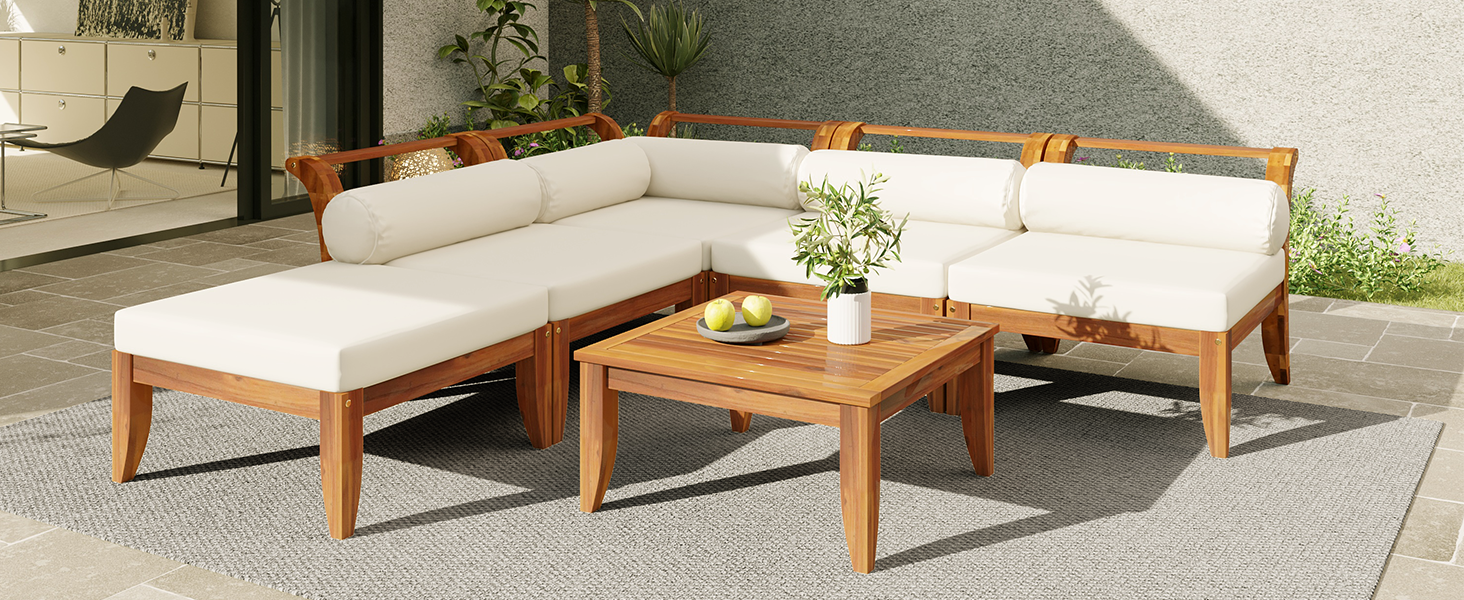 TOPMAX 6 Piece Patio Sofa Set, Acacia Wood Outdoor Modular Sectional Garden Furniture Set L-Shaped Conversation Set, Convertible Daybed with Tea Table, Ottoman, 5 Cushions and Pillows, Teak+Beige - Image 3