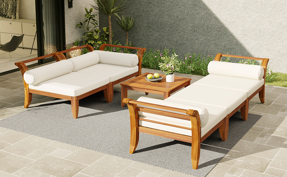 TOPMAX 6 Piece Patio Sofa Set, Acacia Wood Outdoor Modular Sectional Garden Furniture Set L-Shaped Conversation Set, Convertible Daybed with Tea Table, Ottoman, 5 Cushions and Pillows, Teak+Beige - Image 4