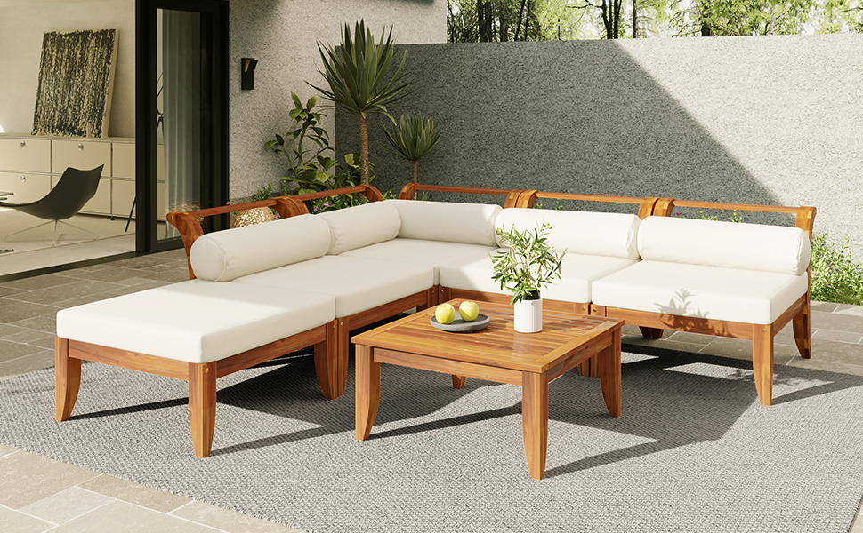 TOPMAX 6 Piece Patio Sofa Set, Acacia Wood Outdoor Modular Sectional Garden Furniture Set L-Shaped Conversation Set, Convertible Daybed with Tea Table, Ottoman, 5 Cushions and Pillows, Teak+Beige - Image 5