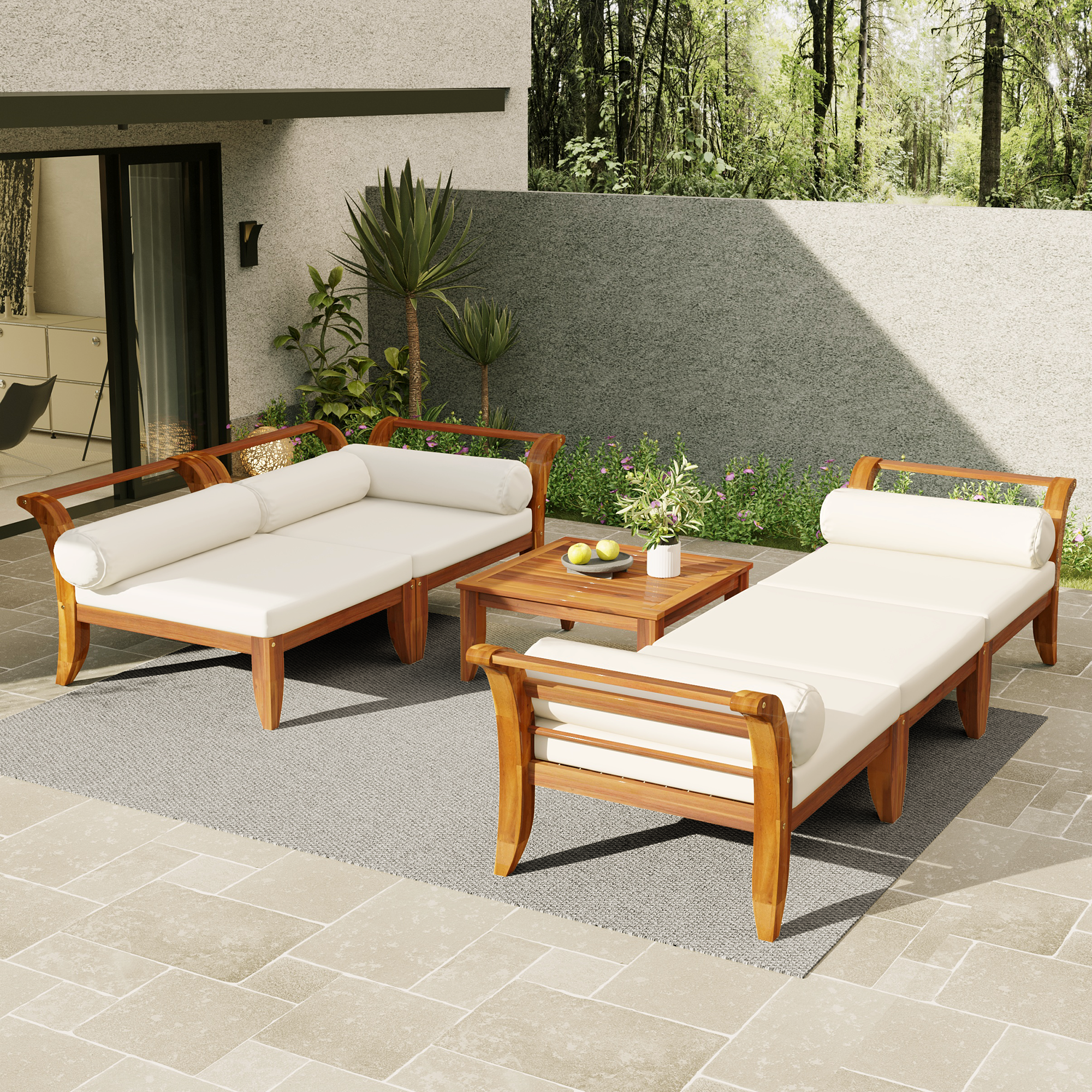 TOPMAX 6 Piece Patio Sofa Set, Acacia Wood Outdoor Modular Sectional Garden Furniture Set L-Shaped Conversation Set, Convertible Daybed with Tea Table, Ottoman, 5 Cushions and Pillows, Teak+Beige - Image 6