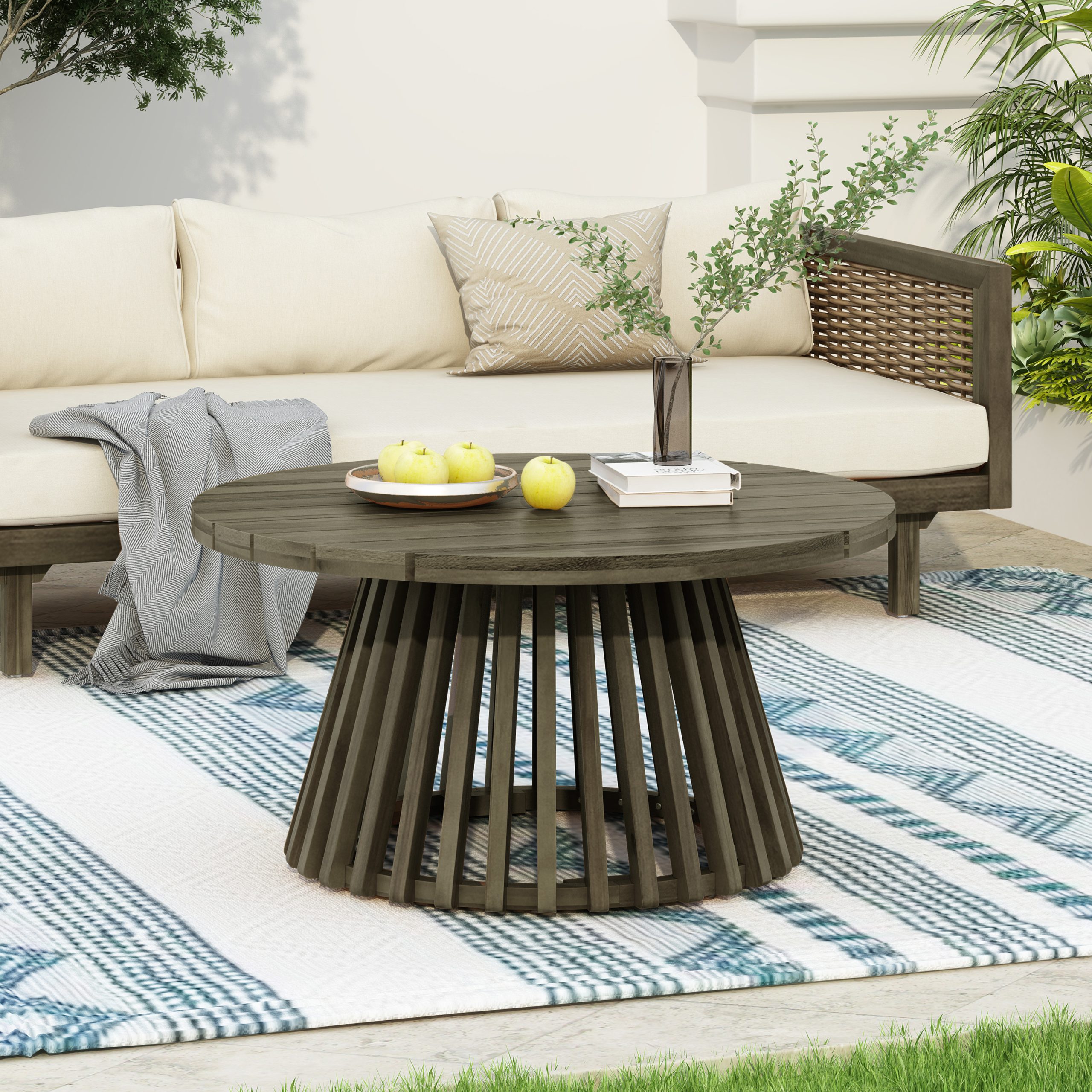 Outdoor Acacia Wood Patio Coffee Table, Round Coffee Table for Backyard, Lawn, Balcony,Grey Finish - Image 5