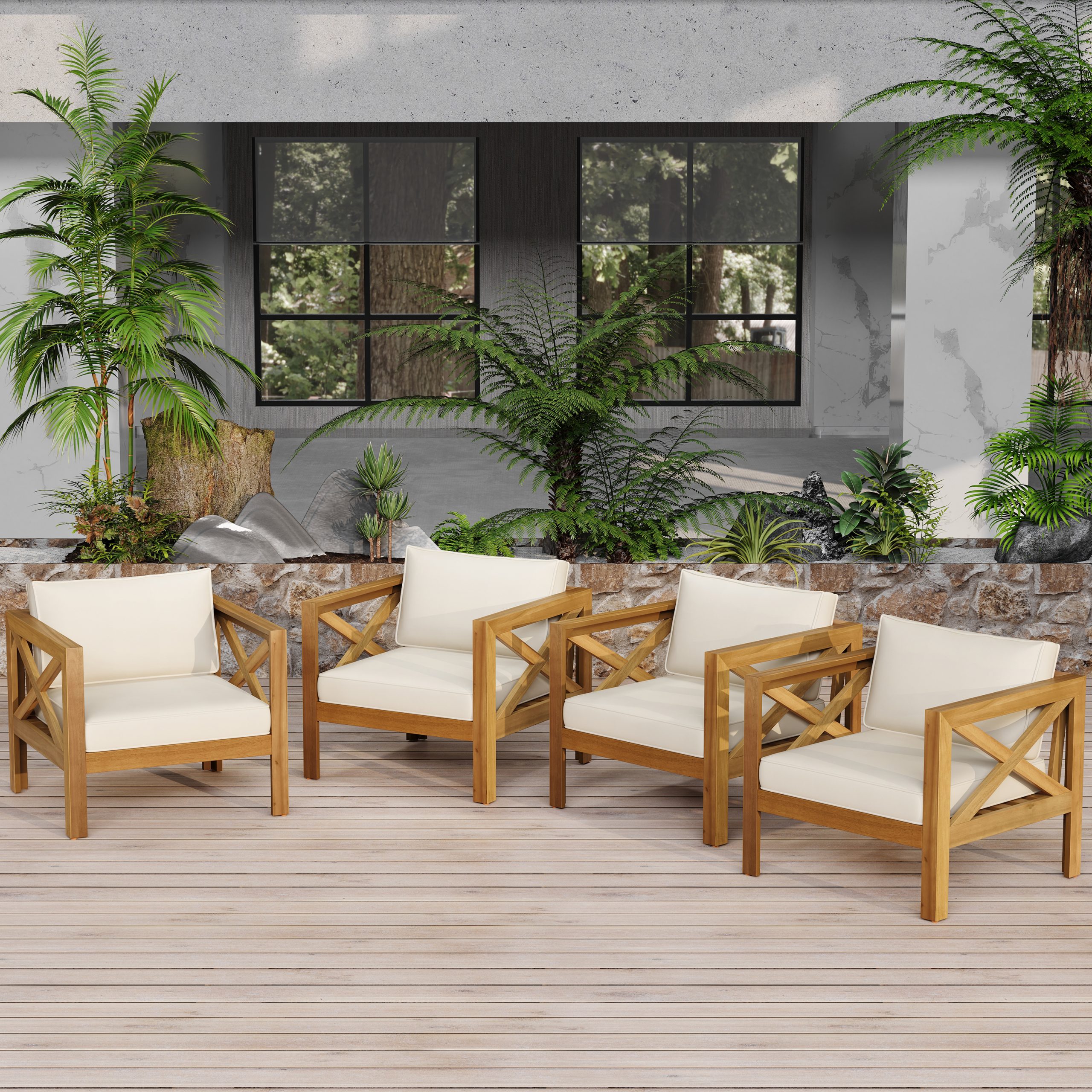 Outdoor Acacia Wood Club Wooden Armchair with Cushions (Set of 2), Conversation Set,Teak Finish,Beige Cushion - Image 4