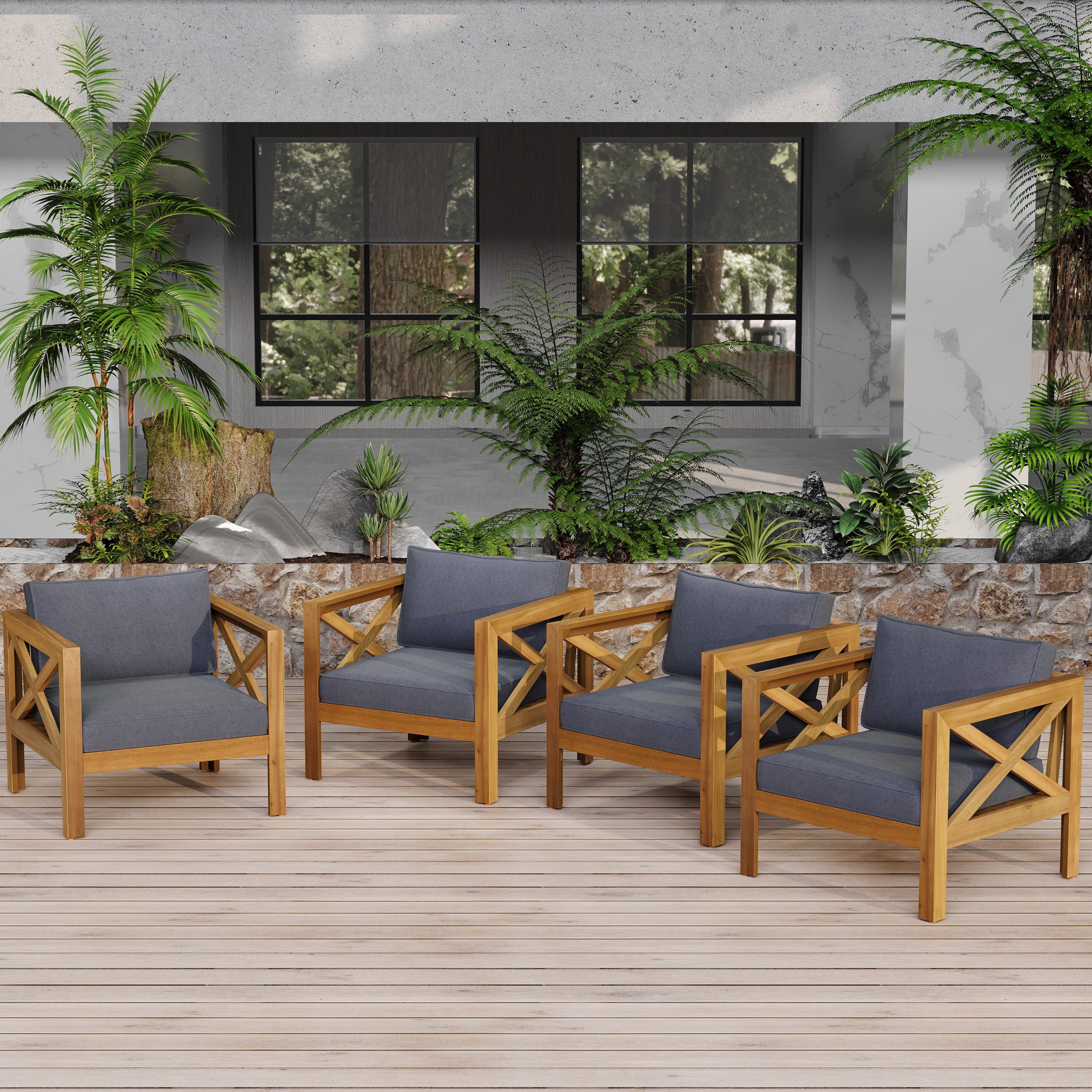 Outdoor Acacia Wood Club Wooden Armchair with Cushions (Set of 4), Conversation Set,Suitable For Outdoor Gatherings,Teak Finish,Dark Grey cushion - Image 1