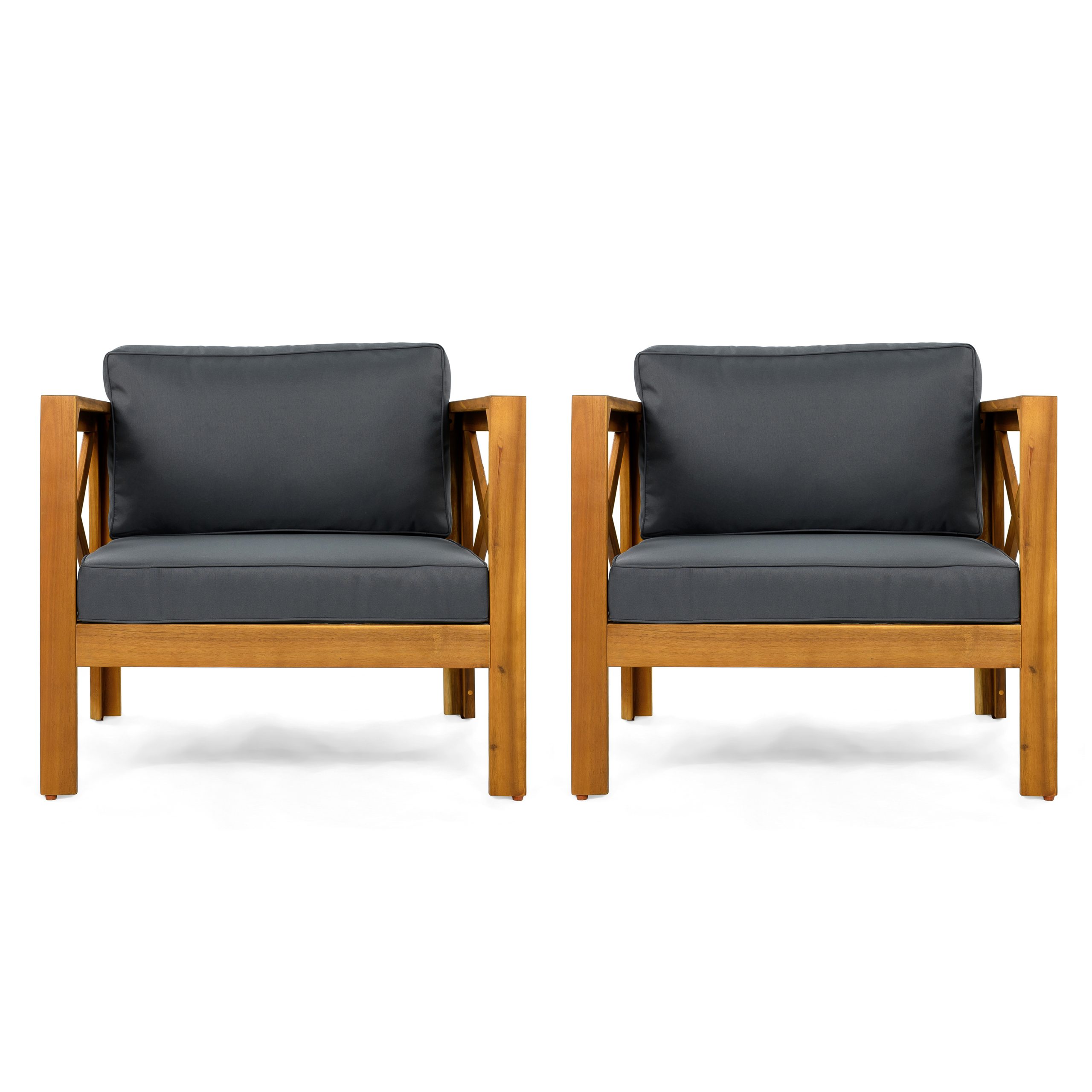 Outdoor Acacia Wood Club Wooden Armchair with Cushions (Set of 4), Conversation Set,Suitable For Outdoor Gatherings,Teak Finish,Dark Grey cushion - Image 5