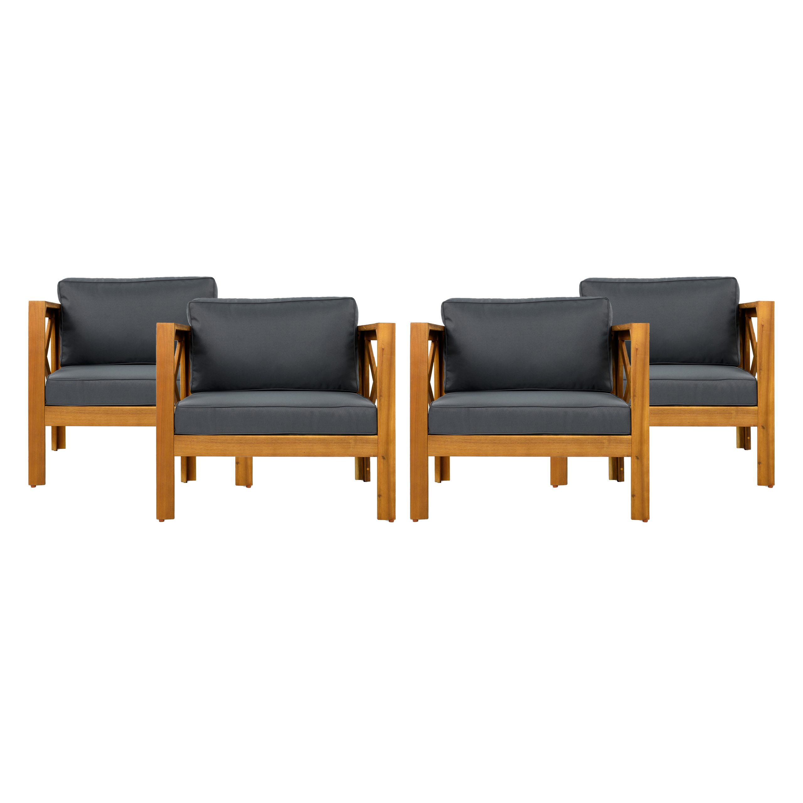 Outdoor Acacia Wood Club Wooden Armchair with Cushions (Set of 4), Conversation Set,Suitable For Outdoor Gatherings,Teak Finish,Dark Grey cushion - Image 6