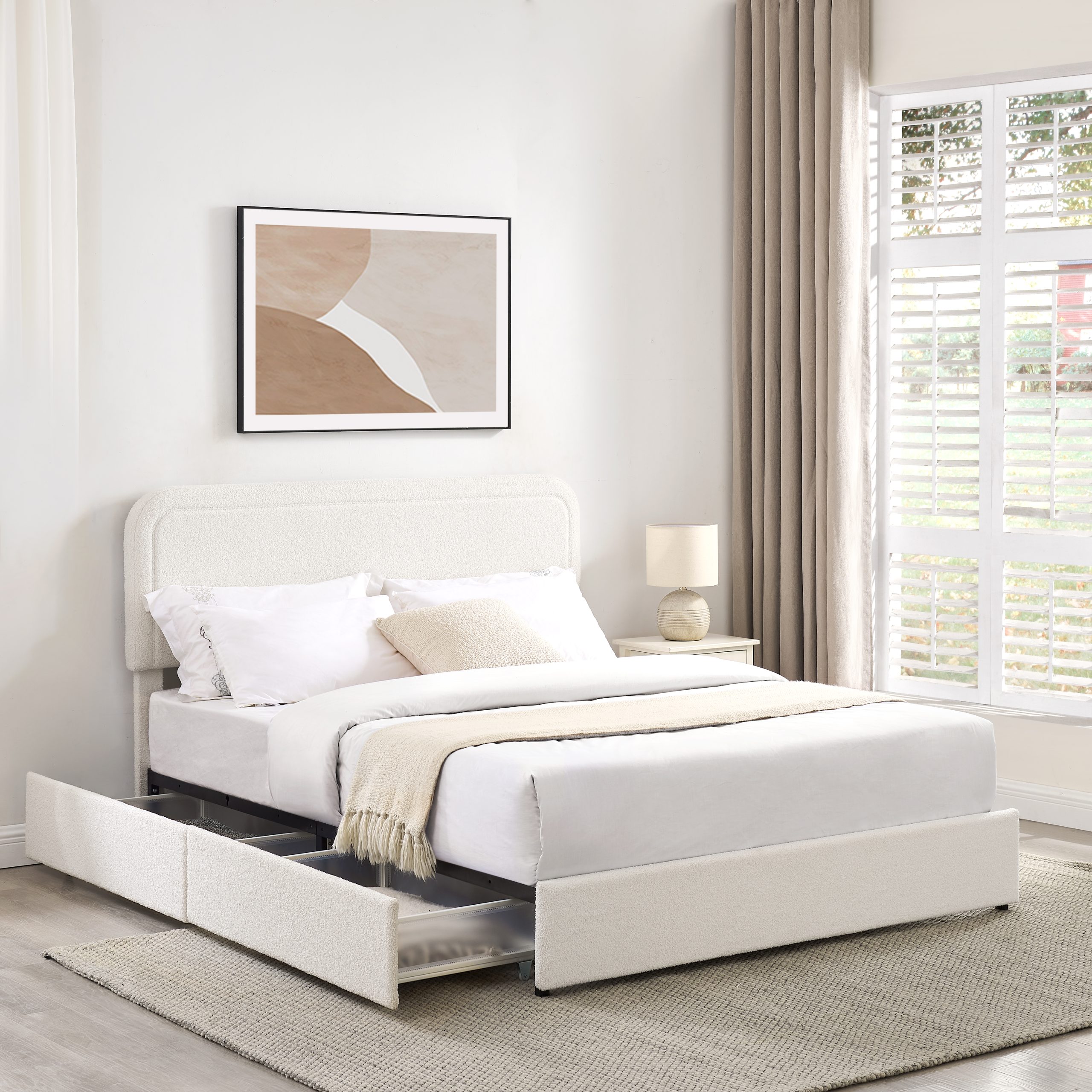 Liv Queen Size Ivory Boucle Upholstered Platform Bed with Patented 4 Drawers Storage, Curved Stitched Tufted Headboard, Wooden Slat Mattress Support, No Box Spring Needed - Image 1