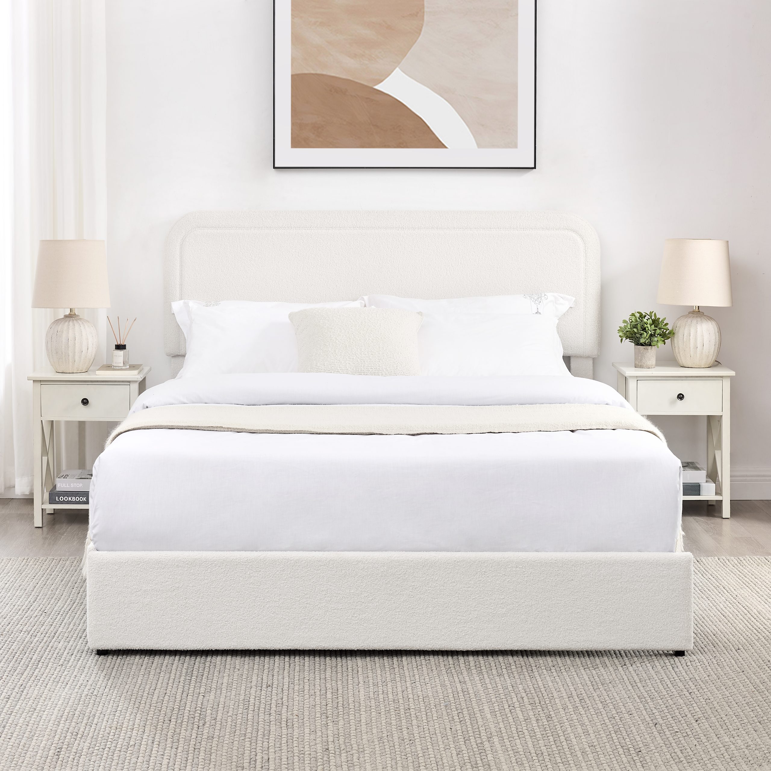 Liv Queen Size Ivory Boucle Upholstered Platform Bed with Patented 4 Drawers Storage, Curved Stitched Tufted Headboard, Wooden Slat Mattress Support, No Box Spring Needed - Image 4