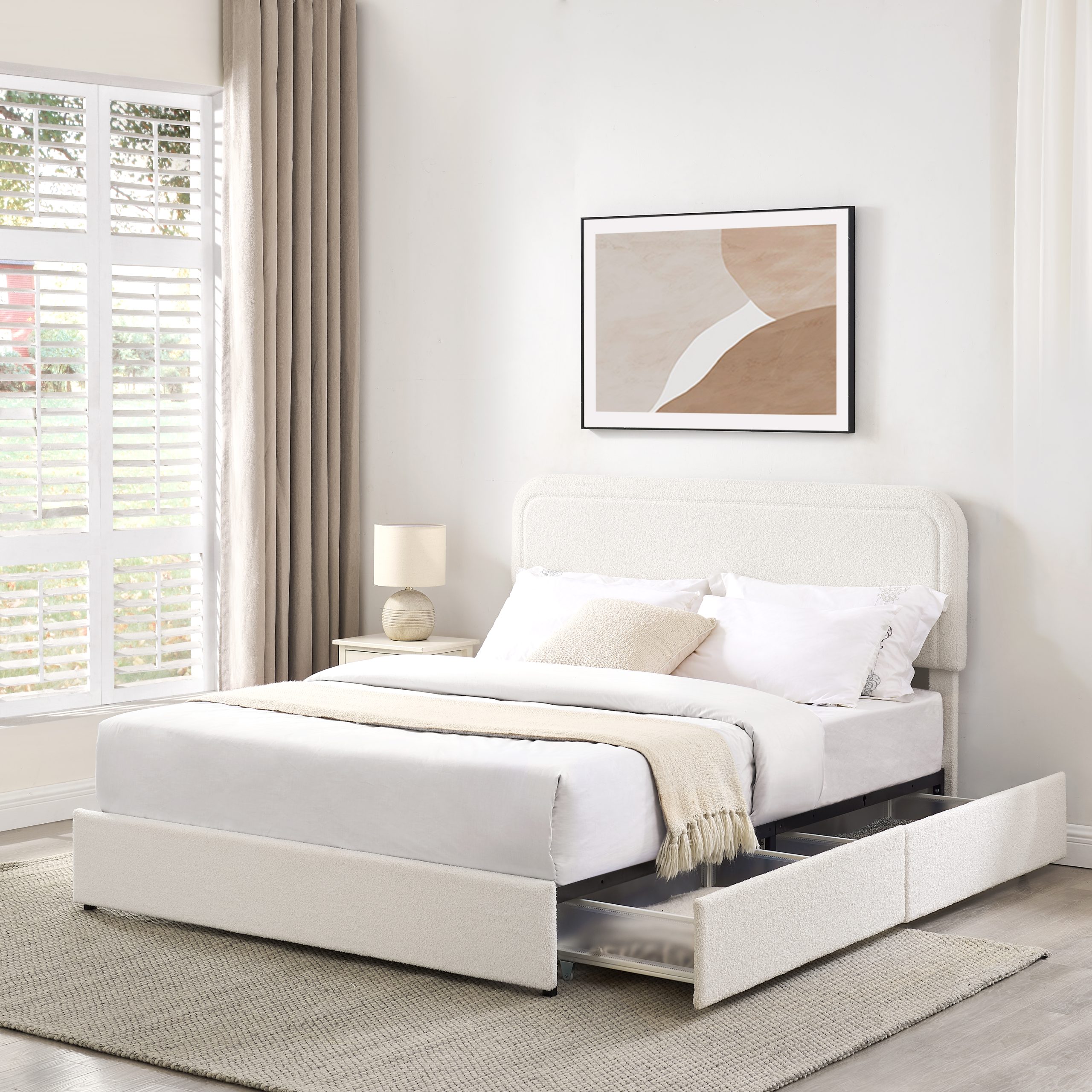 Liv Queen Size Ivory Boucle Upholstered Platform Bed with Patented 4 Drawers Storage, Curved Stitched Tufted Headboard, Wooden Slat Mattress Support, No Box Spring Needed - Image 6