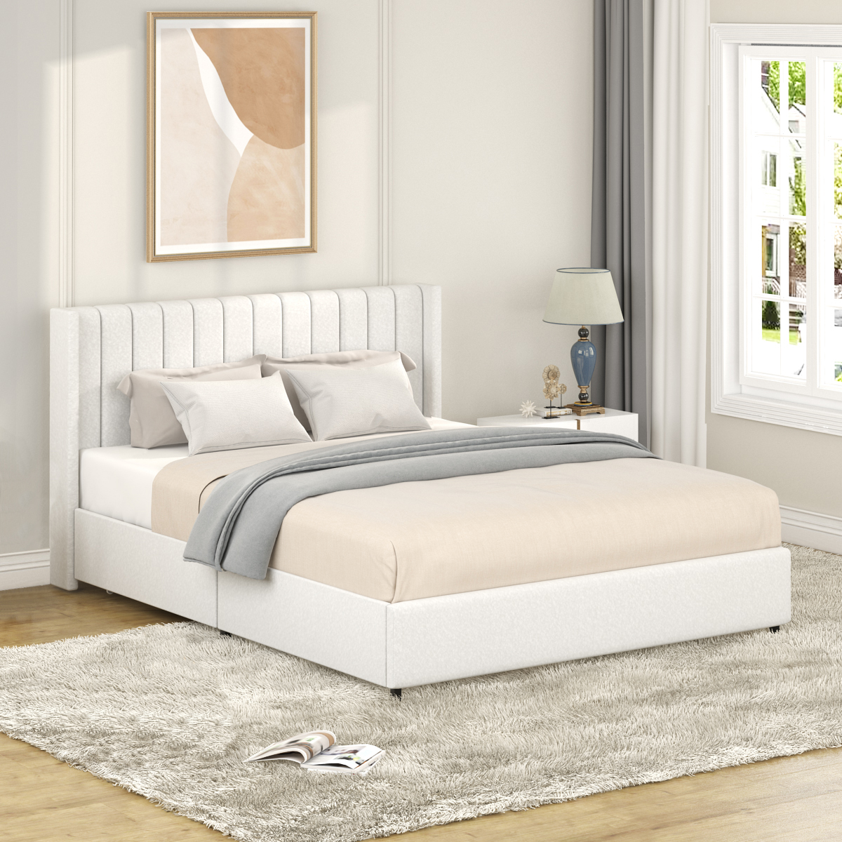 Anda Queen Size Ivory Boucle Upholstered Platform Bed with Patented 4 Drawers Storage, Tufted Headboard, Wooden Slat Mattress Support, No Box Spring Needed - Image 3