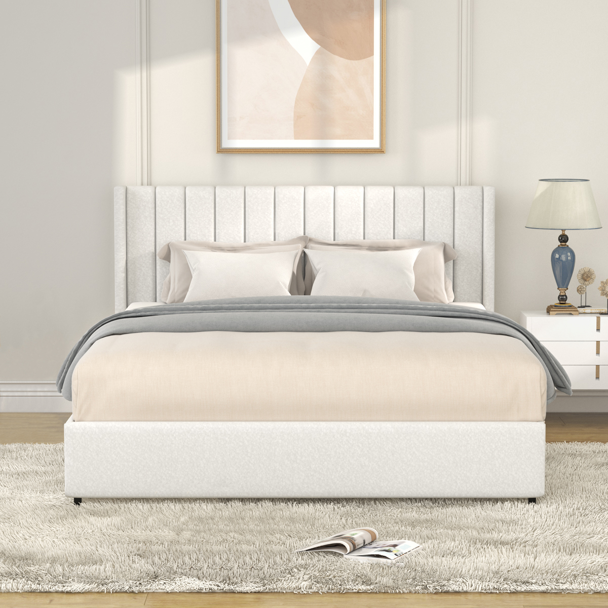 Anda Queen Size Ivory Boucle Upholstered Platform Bed with Patented 4 Drawers Storage, Tufted Headboard, Wooden Slat Mattress Support, No Box Spring Needed - Image 4