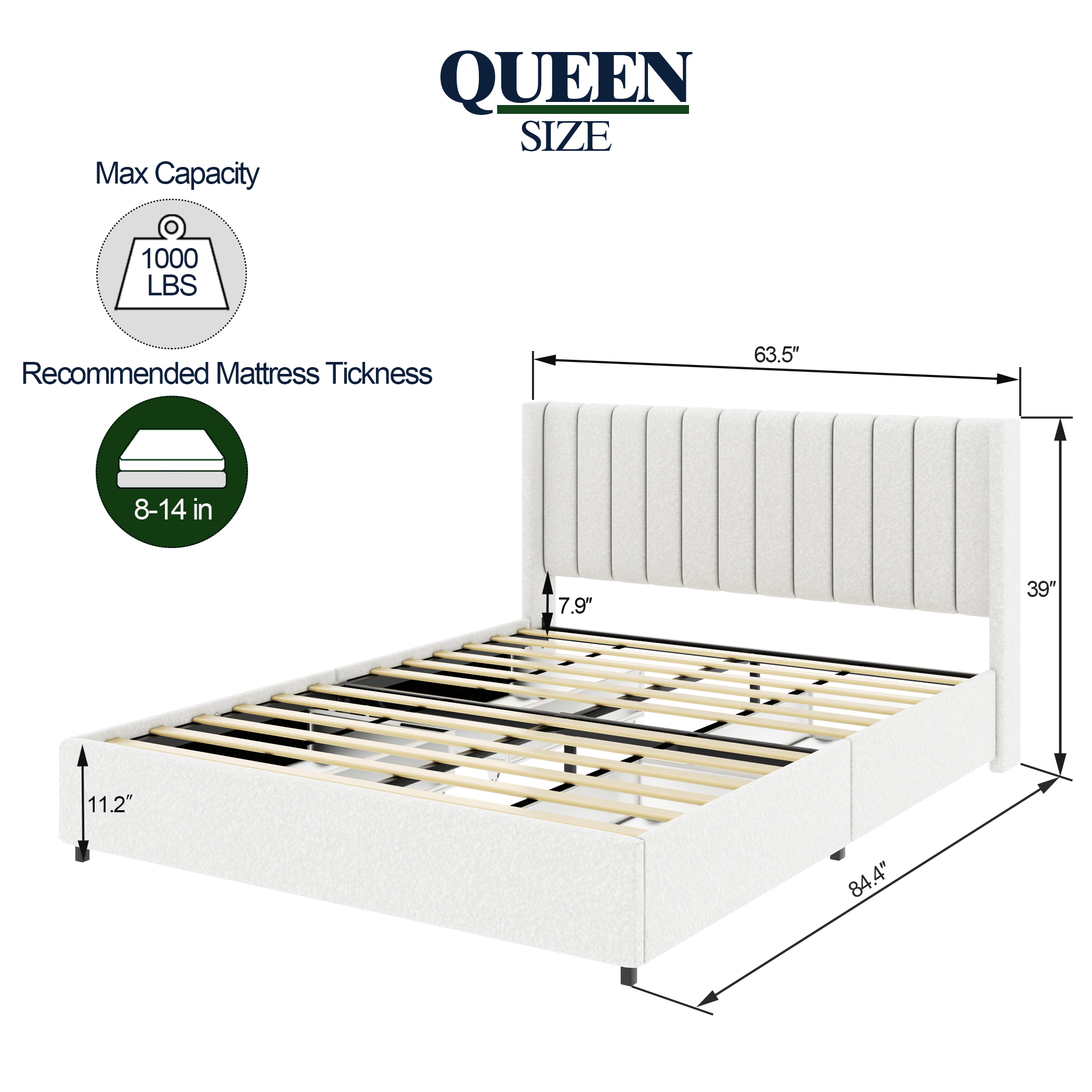 Anda Queen Size Ivory Boucle Upholstered Platform Bed with Patented 4 Drawers Storage, Tufted Headboard, Wooden Slat Mattress Support, No Box Spring Needed - Image 5