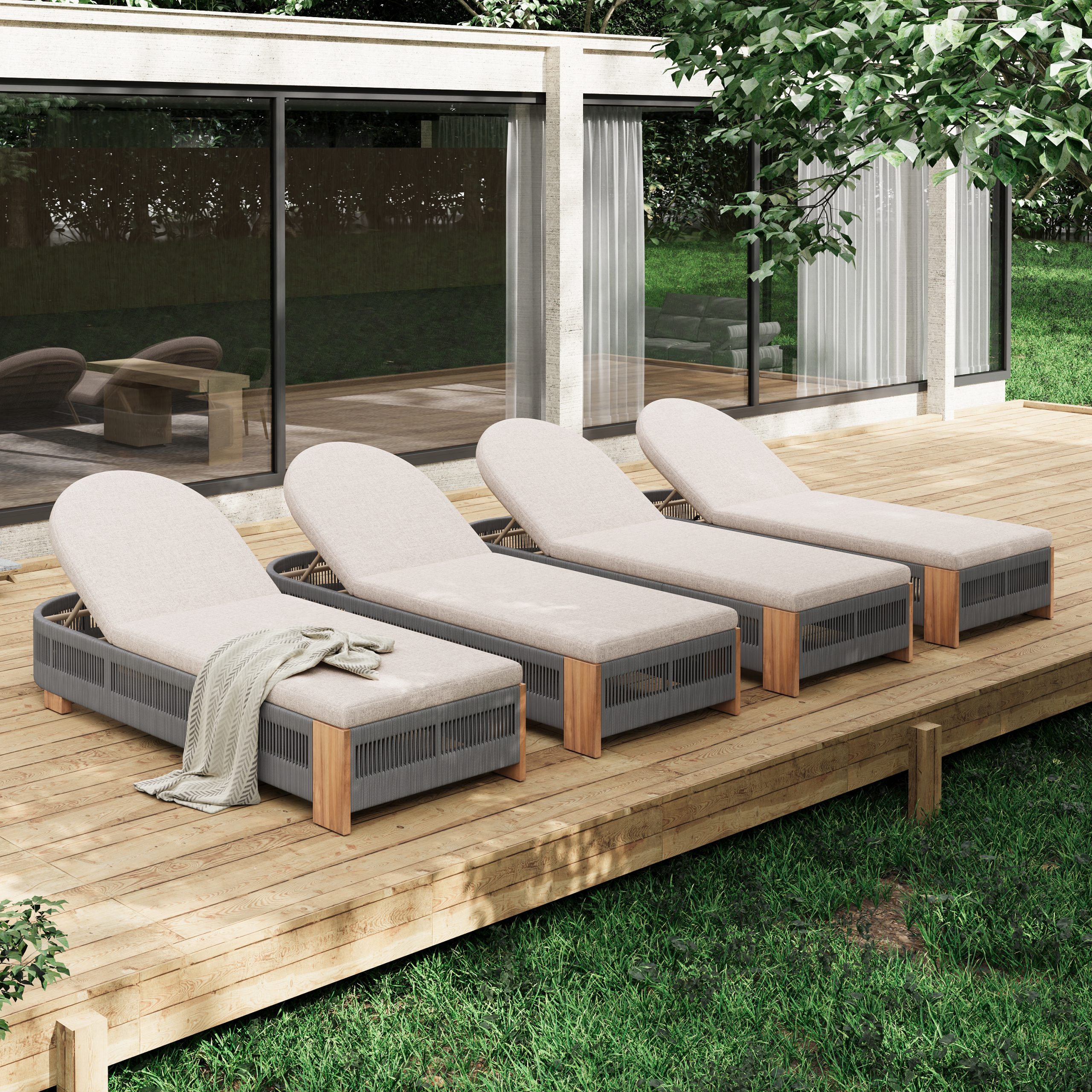 Outdoor Acacia Wood Patio Adjustable Lounge Chair Set of 4- Uncushioned for Backyard Pool Garden-Grey rope & Natural iron - Image 2