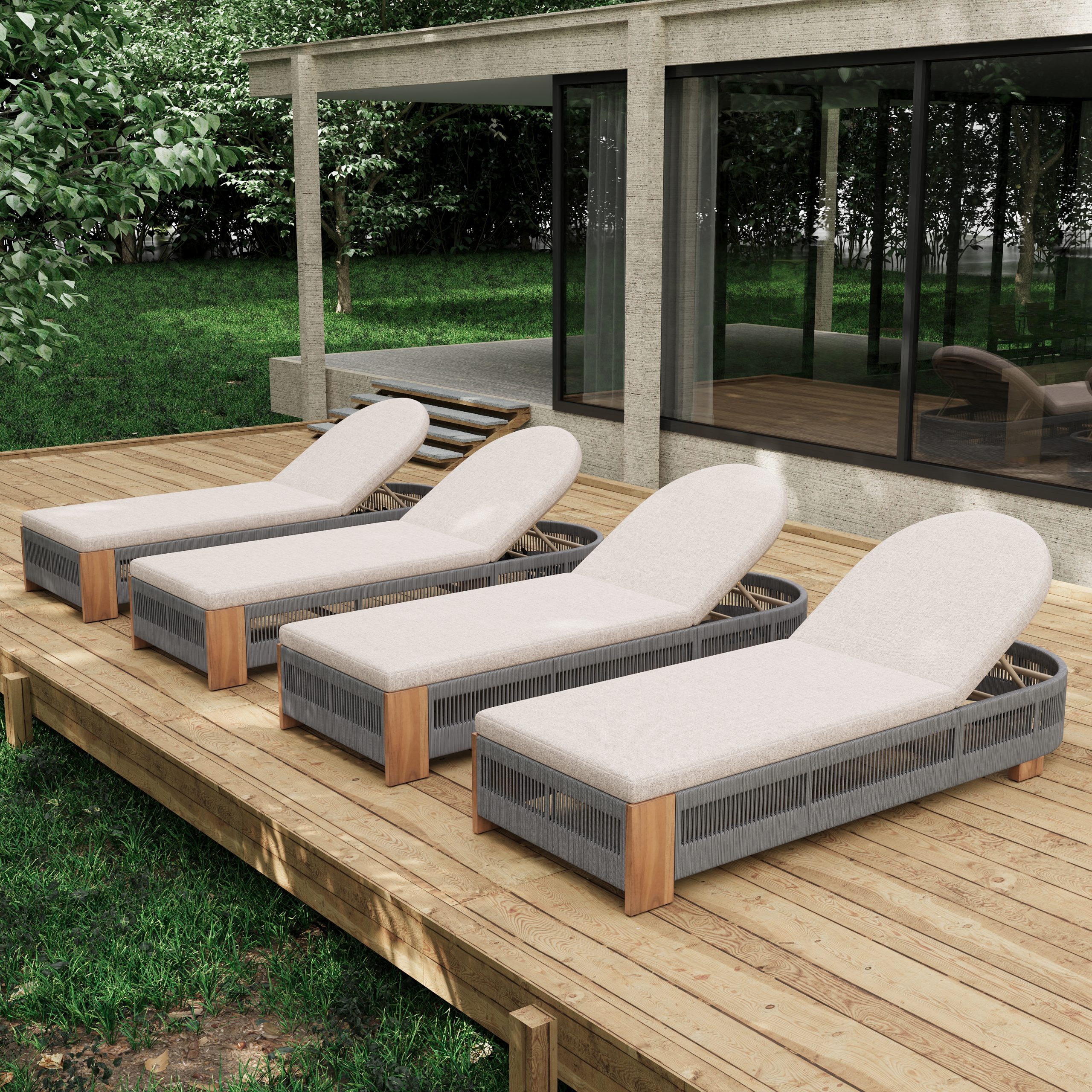 Outdoor Acacia Wood Patio Adjustable Lounge Chair Set of 4- Uncushioned for Backyard Pool Garden-Grey rope & Natural iron - Image 3