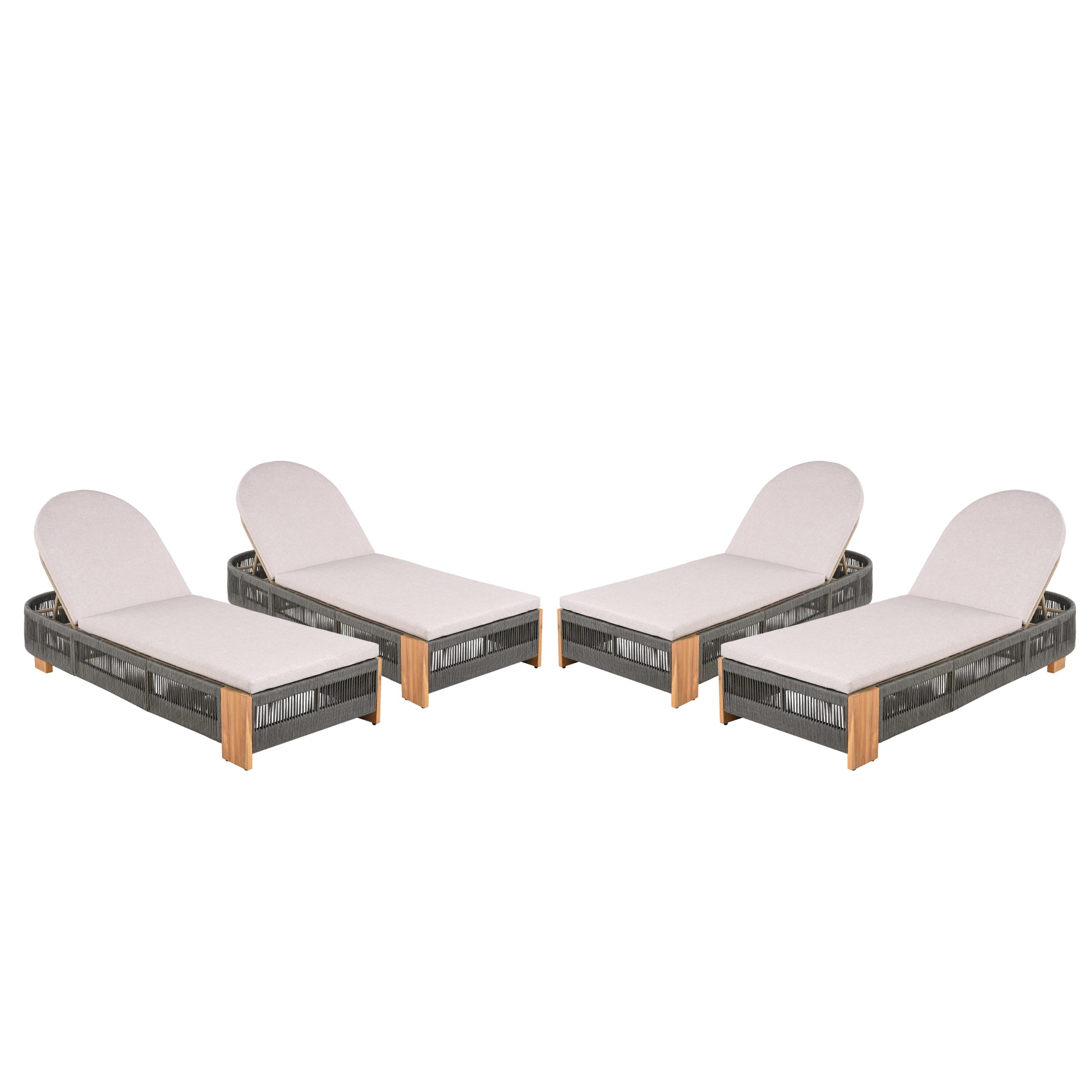Outdoor Acacia Wood Patio Adjustable Lounge Chair Set of 4- Uncushioned for Backyard Pool Garden-Grey rope & Natural iron - Image 6