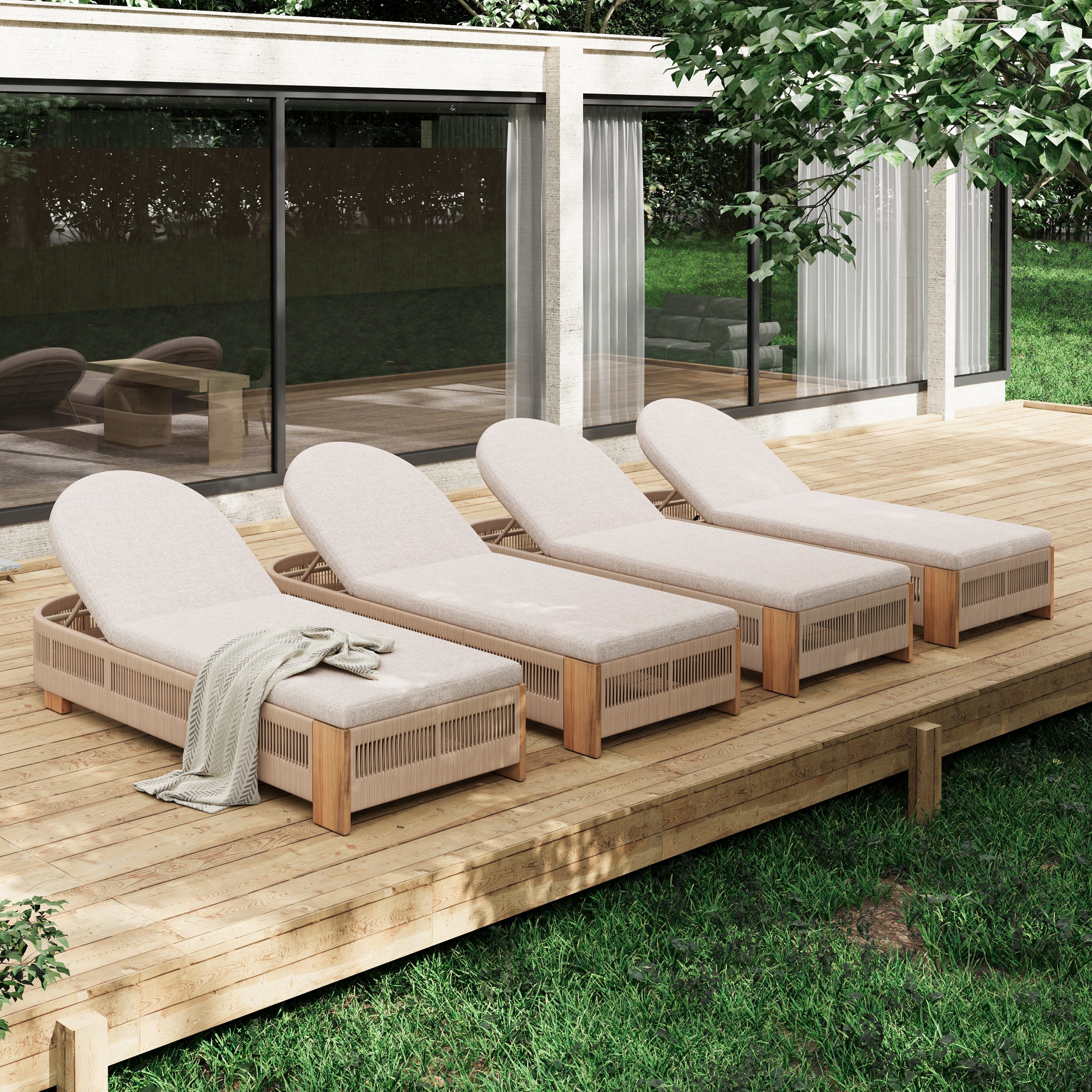 Outdoor Acacia Wood Patio Adjustable Lounge Chair Set of 4 - Uncushioned for Backyard Pool Garden - Beige rope & Natural iron - Image 2